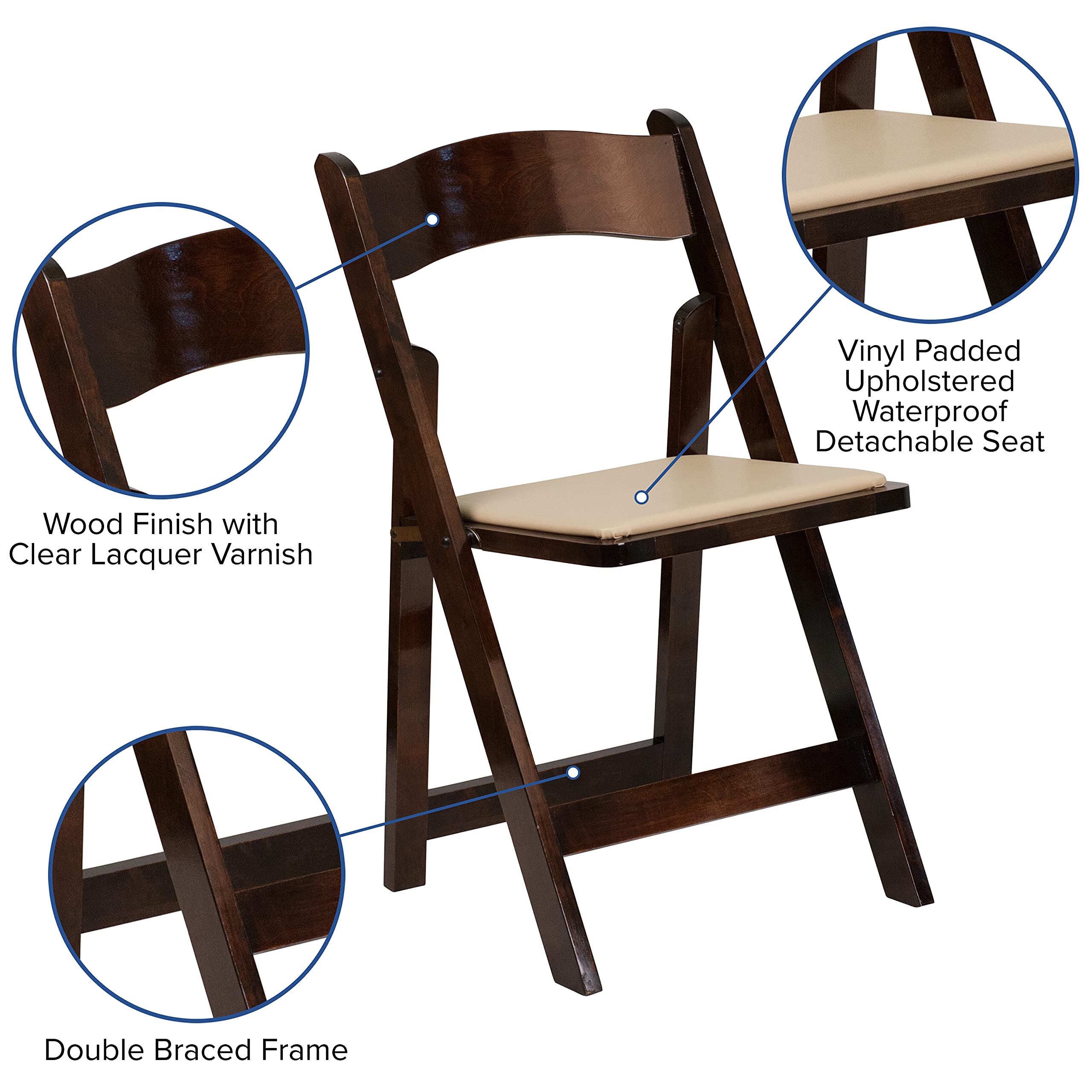 EMMA + OLIVER 2 Pack Wood Folding Chairs with Vinyl Padded Seat - Fruitwood Finish, Sturdy & Comfortable for Indoor Outdoor Events, Parties, Weddings, Picnics and Camping