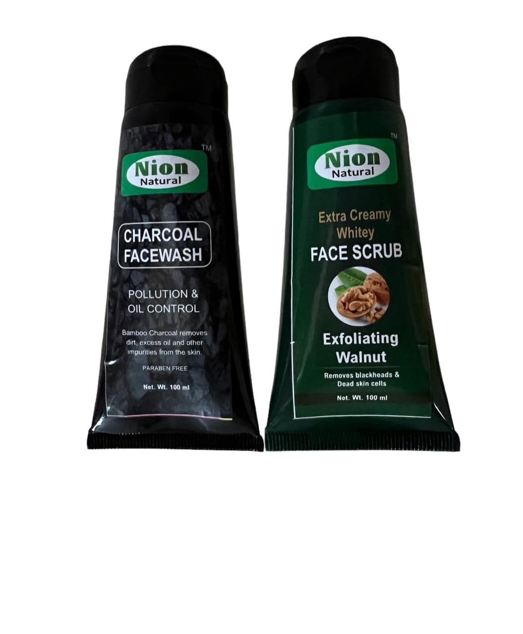 Nion Natural Charcoal Face Wash & Scrub Combo (100ml Each) for Oily & Acne-Prone Skin - Gentle Foaming Cleanser & Exfoliator | Deep Pore Cleansing & Blackhead Removal for Daily Skincare Routine