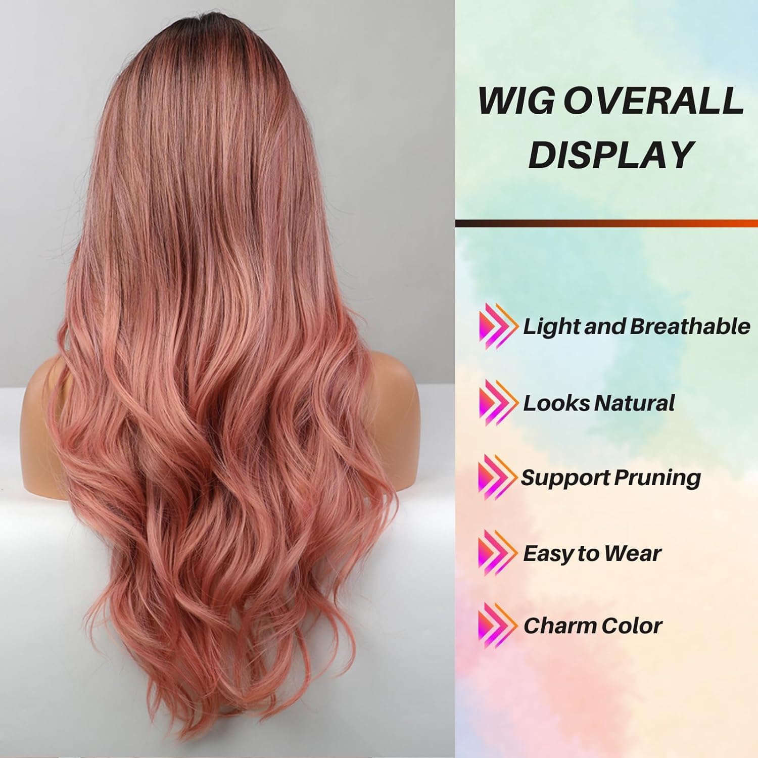 Honygebia Pink Wigs with Bangs - Long Ombre Synthetic Wigs for Women, Heat Resistant Light Wavy Pink Hair with Dark Roots - Natural Looking Cosplay Wig for Halloween, Christmas, Parties & Costume Events | Great for Cosplay, Themed Parties, Costume Contests & Photo Shoots