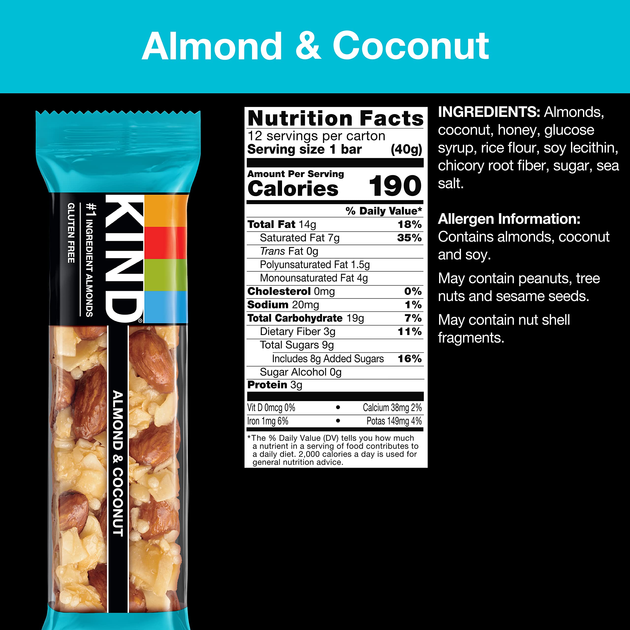 KIND Almond & Coconut Bars - Gluten Free Healthy Snacks (24 Count) - Perfect for On-the-Go Breakfast, Office Snacks & Post-Workout Energy Boost