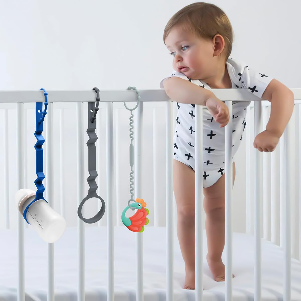 **Baby Sippy Cup Holder Strap - Food-Grade Silicone Bottle Leash for High Chairs, Strollers, Car Seats & Cribs - Secure & Durable for Toddlers (Blue, Dark Gray, Gray) - Perfect for Travel, Feeding & On-the-Go Convenience**