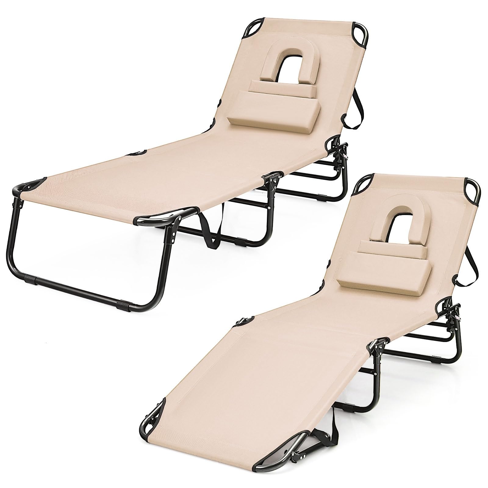 Goplus Folding Chaise Lounge Beach Chair - Adjustable 5-Position Tanning Chair with Detachable Face Hole Pillow - Portable Outdoor Lounge Chair for Poolside, Backyard, Beach & Patio Relaxation (Beige, 2-Pack)