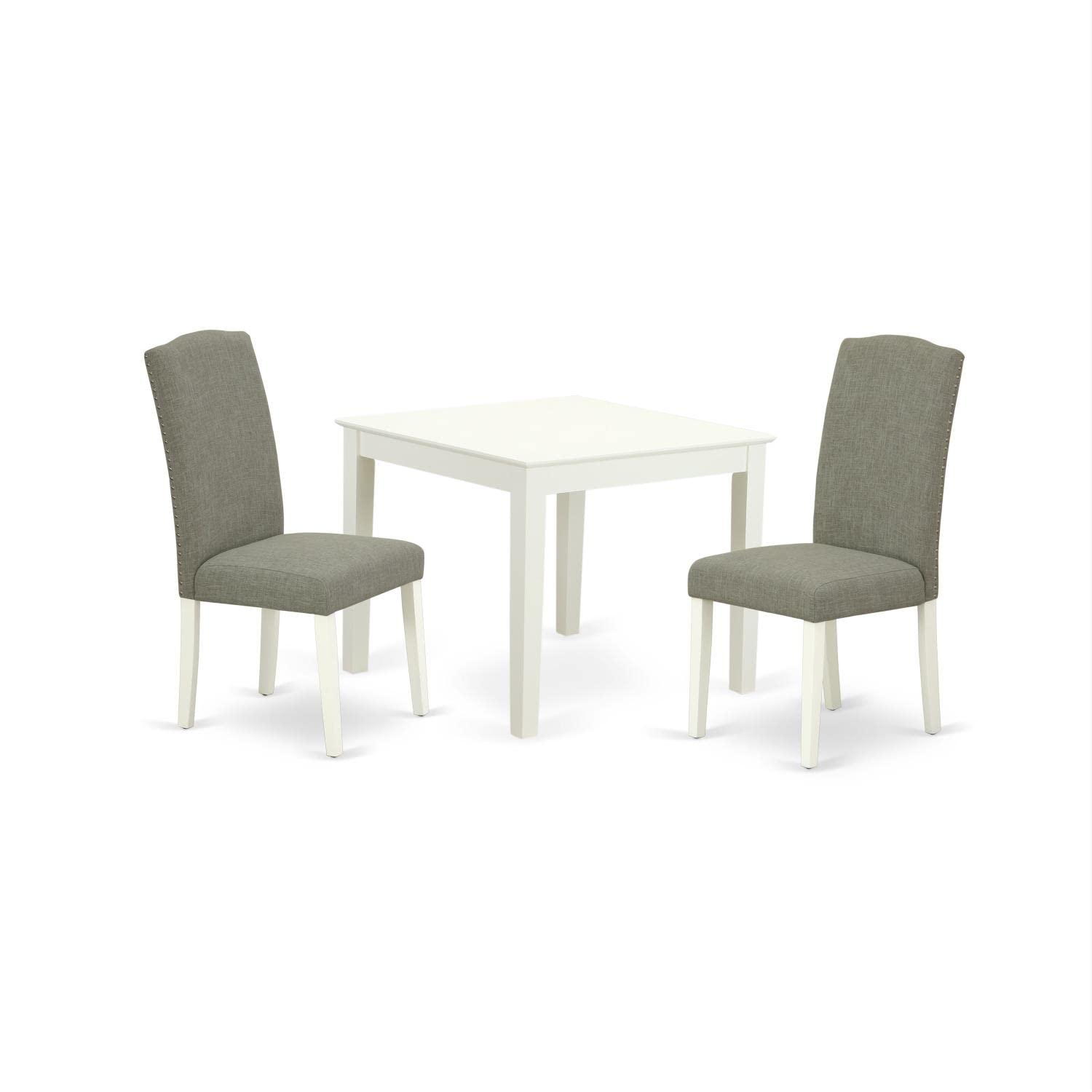 East West Furniture OXEN3-LWH-06 3-Piece Small Space Kitchen Table Set with 36x36 Inch Square Dining Table & 2 Dark Shitake Fabric Chairs in Linen White - Perfect for Apartments, Breakfast Nooks and Cozy Dining Areas