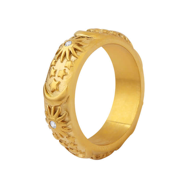 18K Vintage Gold 3D Carved Sun Moon Ring for Women - Handmade Boho Jewelry - Perfect for Gift Giving, Boho Fashion & Spiritual Occasions