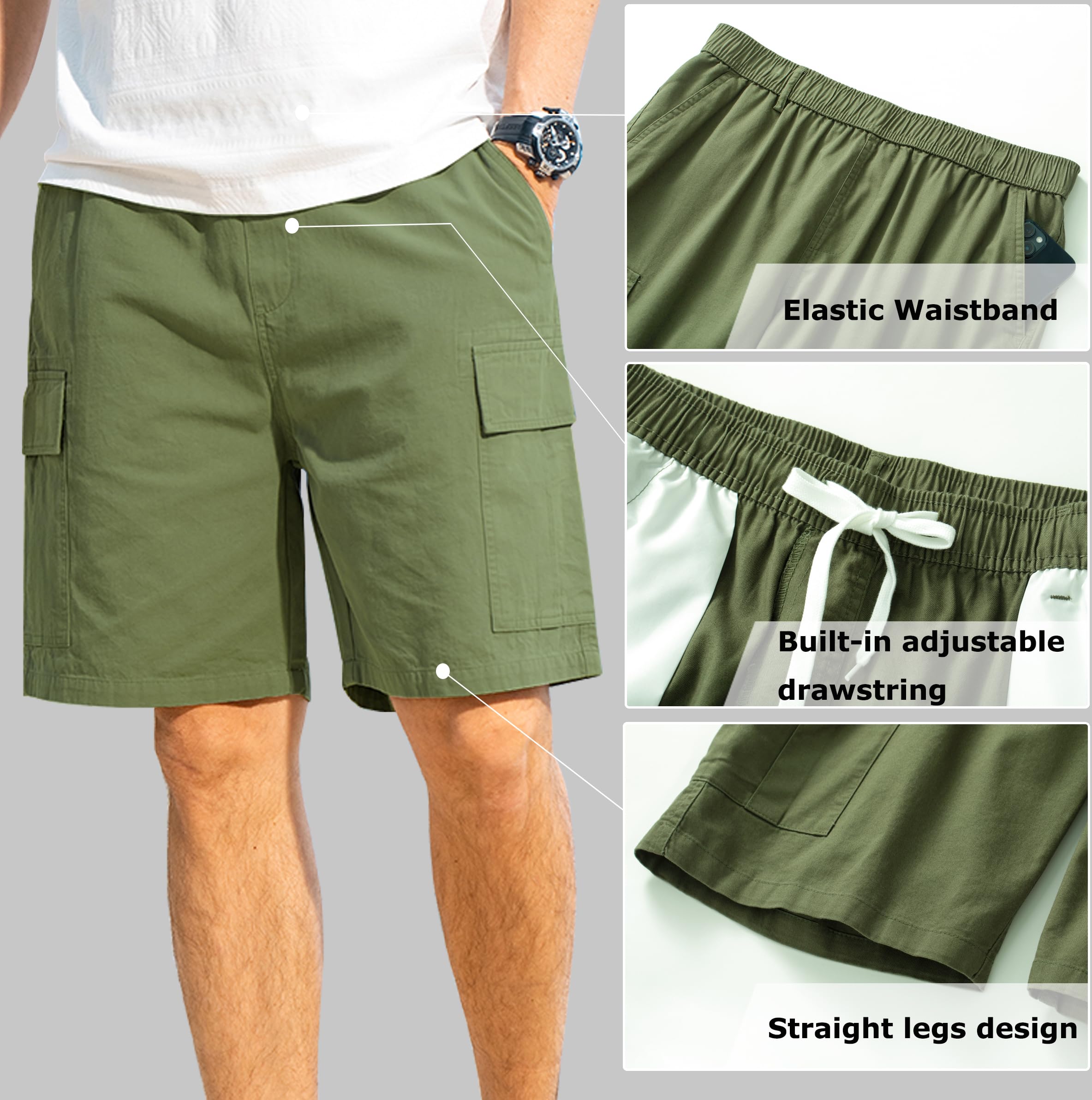 VCansion Men's Cargo Shorts - Comfortable Cotton Elastic Waist Camouflage Shorts with Multiple Pockets | Perfect for Hiking, Camping & Outdoor Adventures