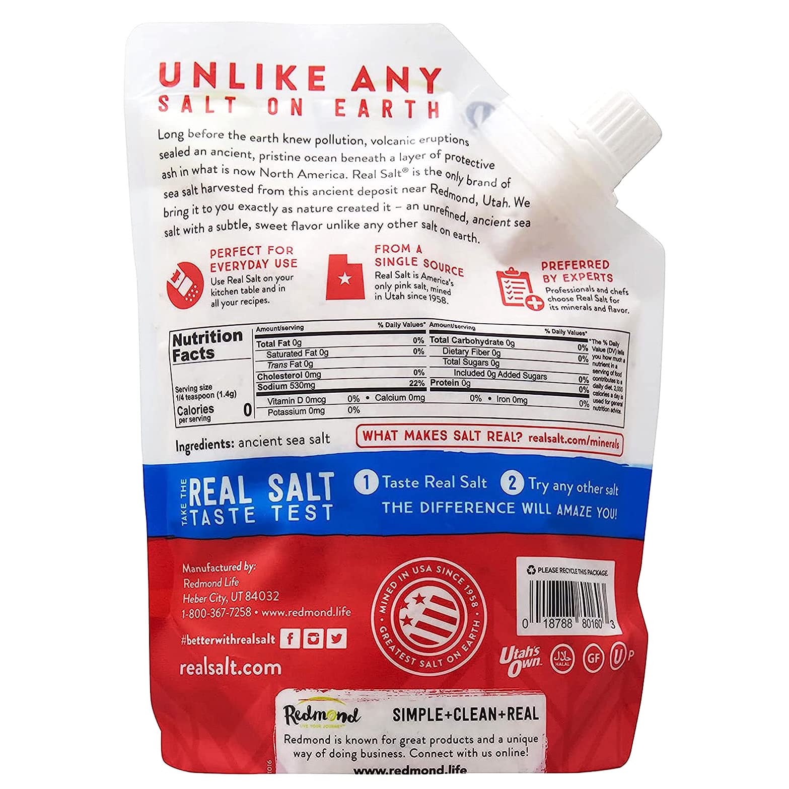 Redmond Real Sea Salt - Natural Unrefined, Gluten Free, Kosher Certified, 16 oz (1 Pack) | Perfect for Cooking, Baking & Seasoning | Healthy Alternative to Processed Salt
