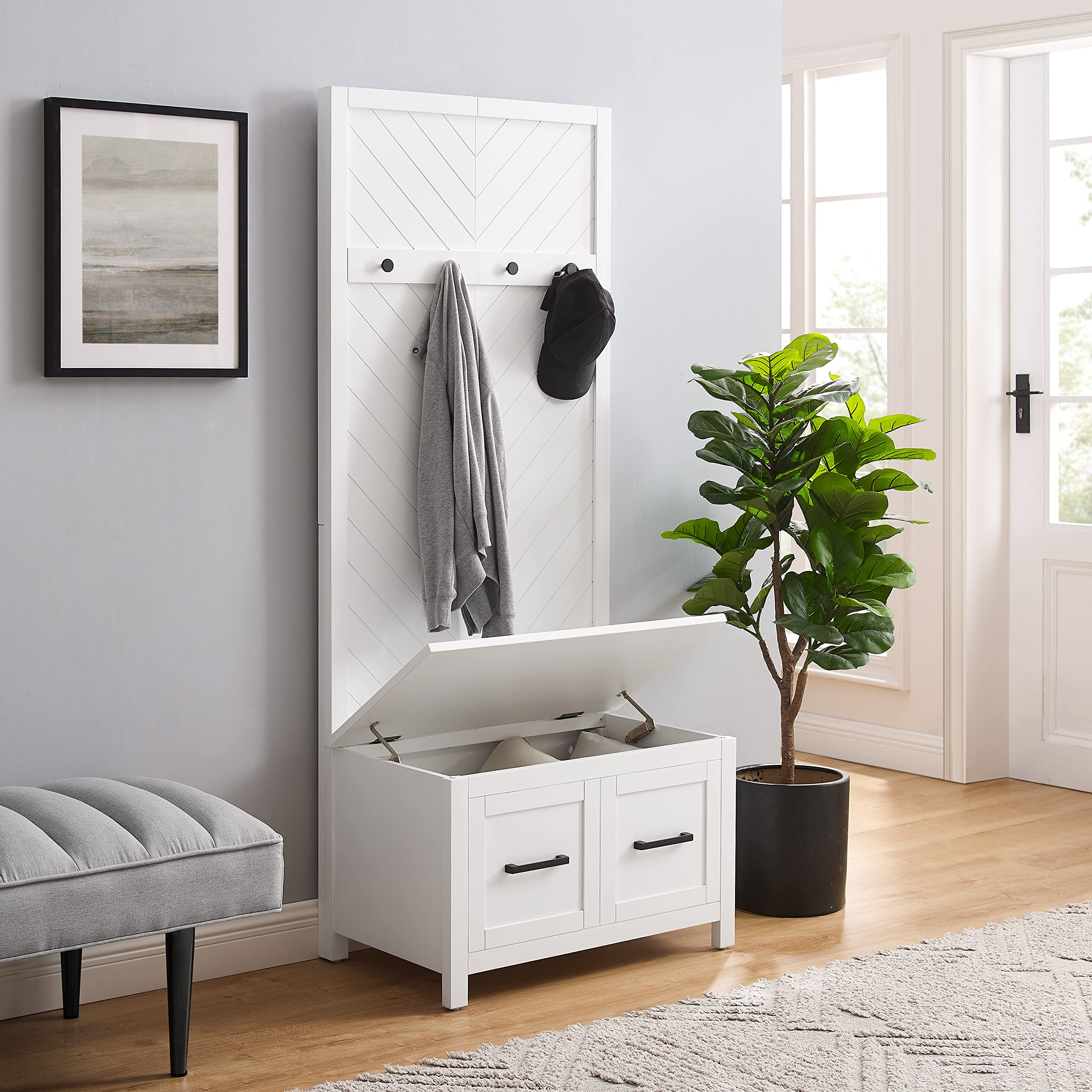 Crosley Kayce Hall Tree with Storage Bench & Coat Rack - White Entryway Organizer for Coats, Shoes & Accessories | Perfect for Mudrooms, Foyers & Small Spaces