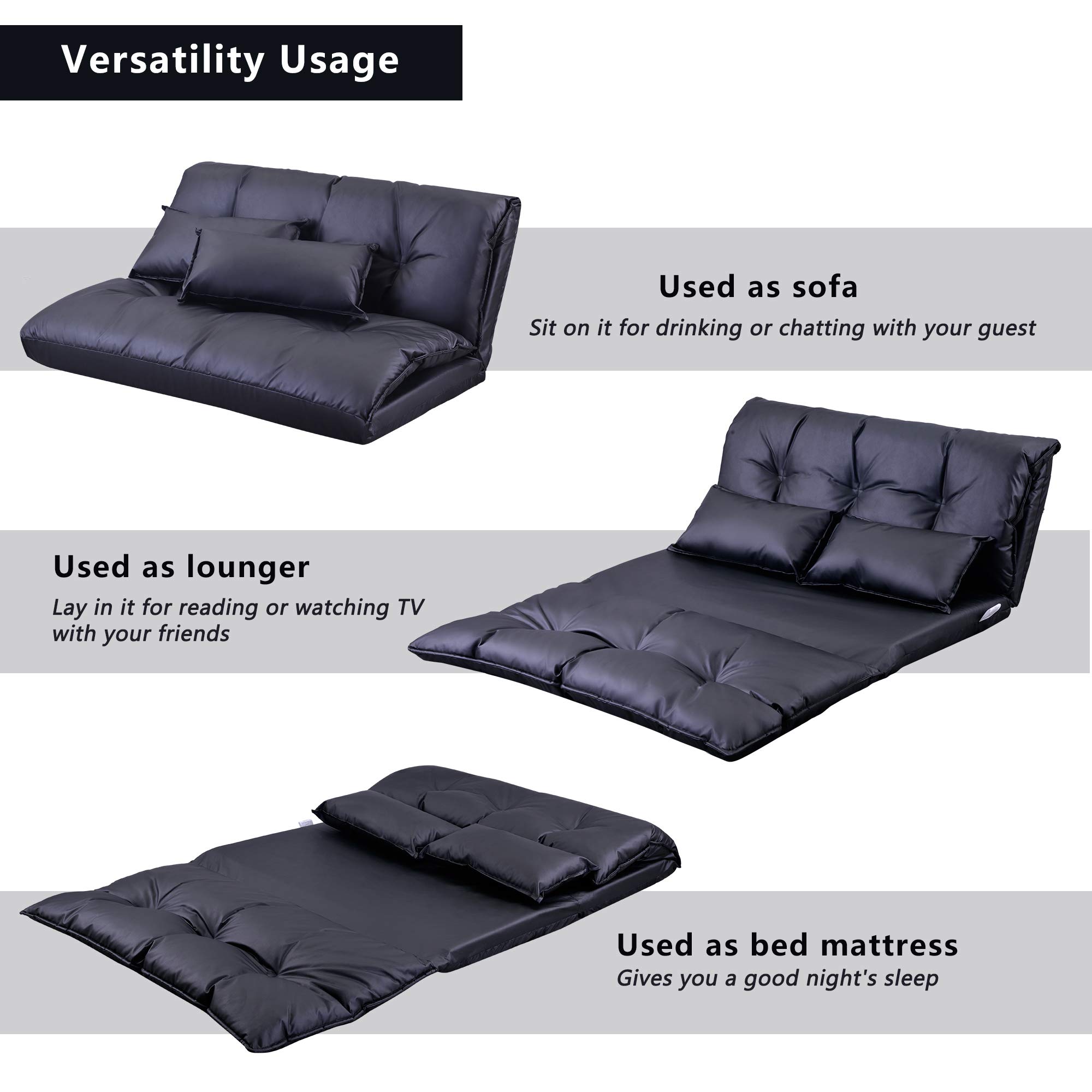 Adjustable Lazy Sofa Bed - Modern PU Leather Floor Sofa for Living Room & Bedroom, Video Gaming Recliner with 2 Pillows (Black) | Perfect for Relaxing, Lounging & Gaming