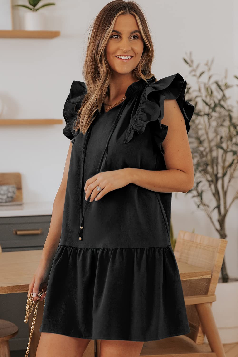 Dokotoo Women's Summer Dresses 2025 - V-Neck Ruffle Sleeve Mini Sundress with Drawstring Waist & Side Pockets | Beachwear, Vacation Outfits, Casual Day Dress