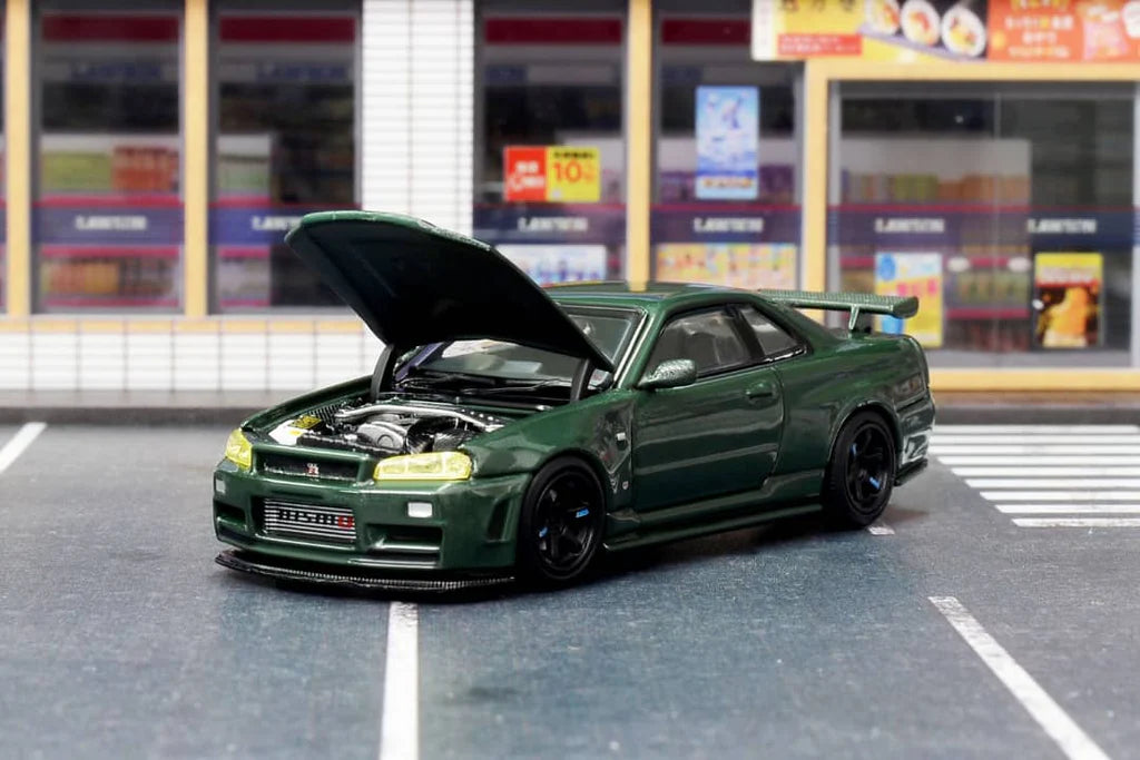 MotorHelix 1:64 Scale Nissan Skyline GT-R R34 NISMO Diecast Model Car - Dark Green Customized Collectible for Display & Racing Enthusiasts