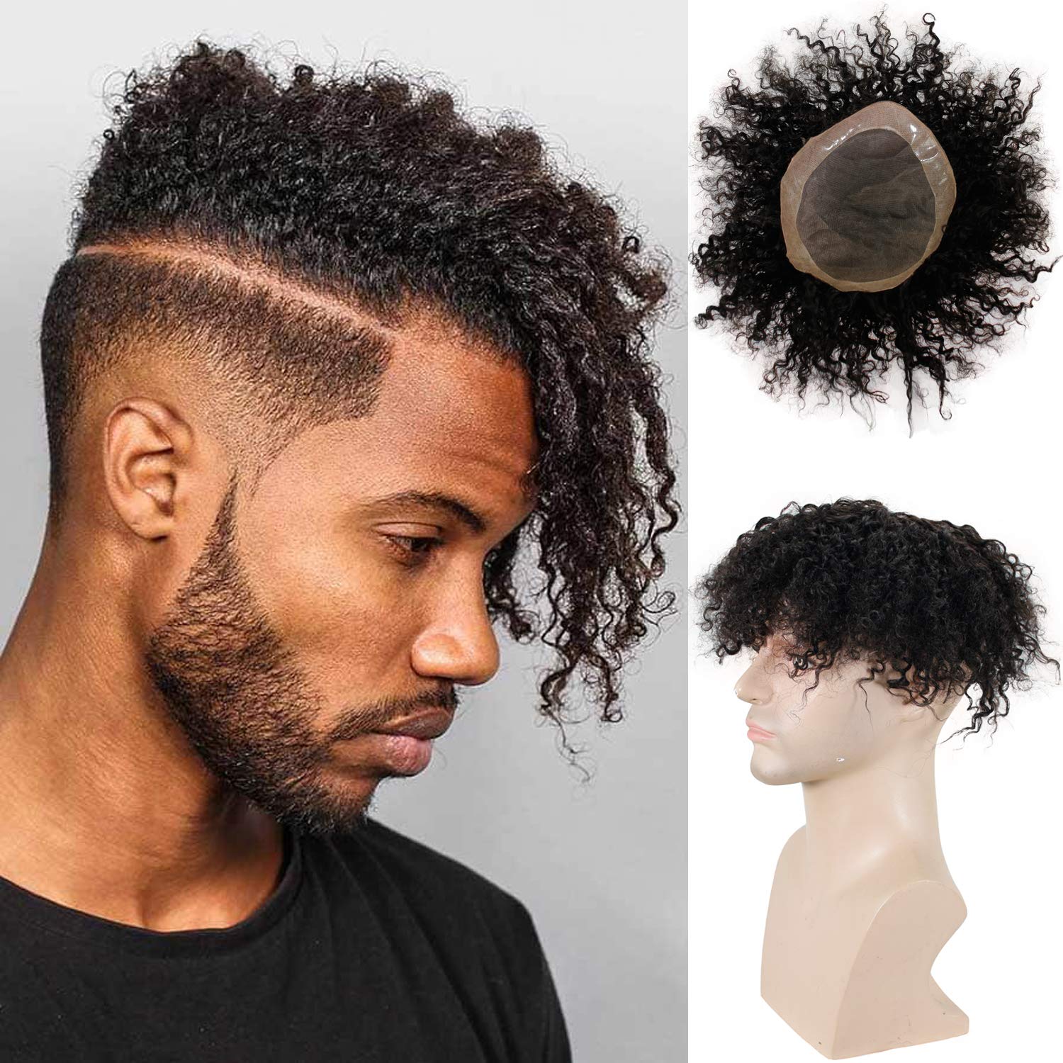 Premium European Human Hair Toupee for Men - Mono Lace with PU Perimeter Curly Wig Replacement System (Natural Black, 9