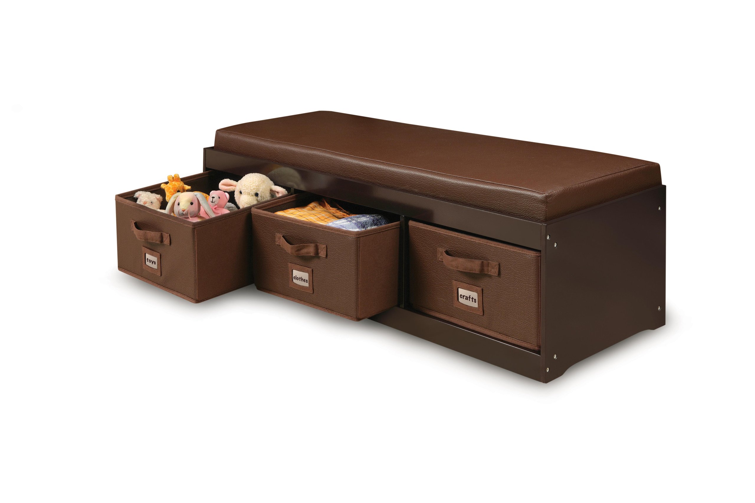 Badger Basket Kids Toy Storage Bench with Cushion & 3 Fabric Bins - Espresso Brown - Organize Playroom, Nursery or Bedroom Toys - Perfect for Home, Daycare & Preschool
