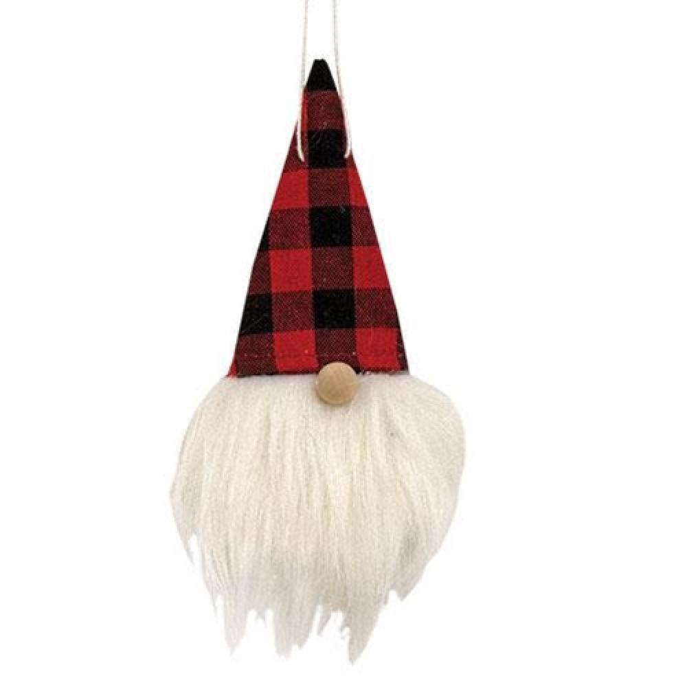 Mini Gnome Head Ornament with Red & Black Buffalo Check Hat - Christmas Tree Decor, Garden Gnome Decorations, Holiday Home Decor
