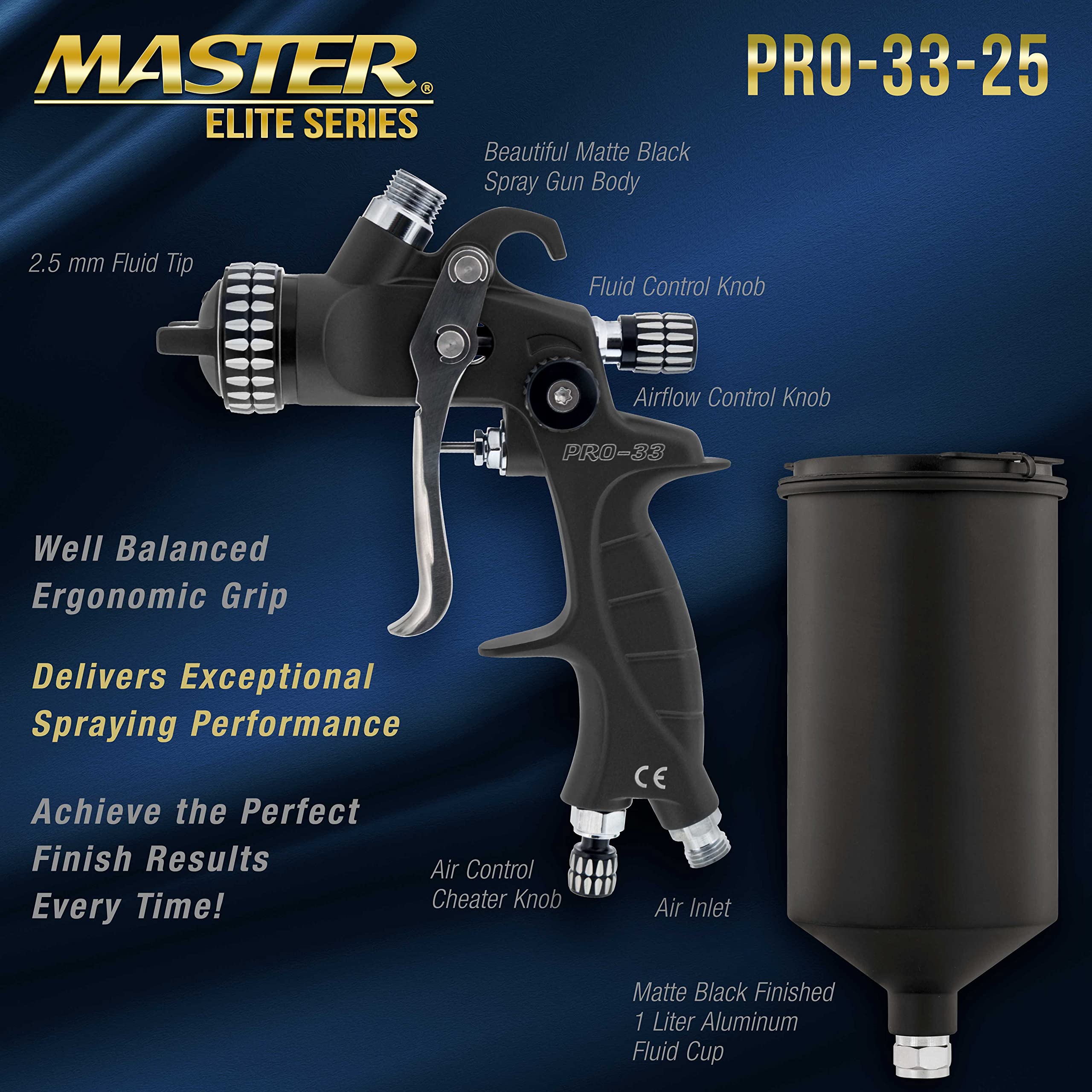 Master Elite PRO-33 HVLP Spray Gun Kit - 2.0mm Nozzle & 25 Disposable Cups for Automotive Painting, Wood Finishing & DIY Projects - High Performance Spray Gun for Professional Results