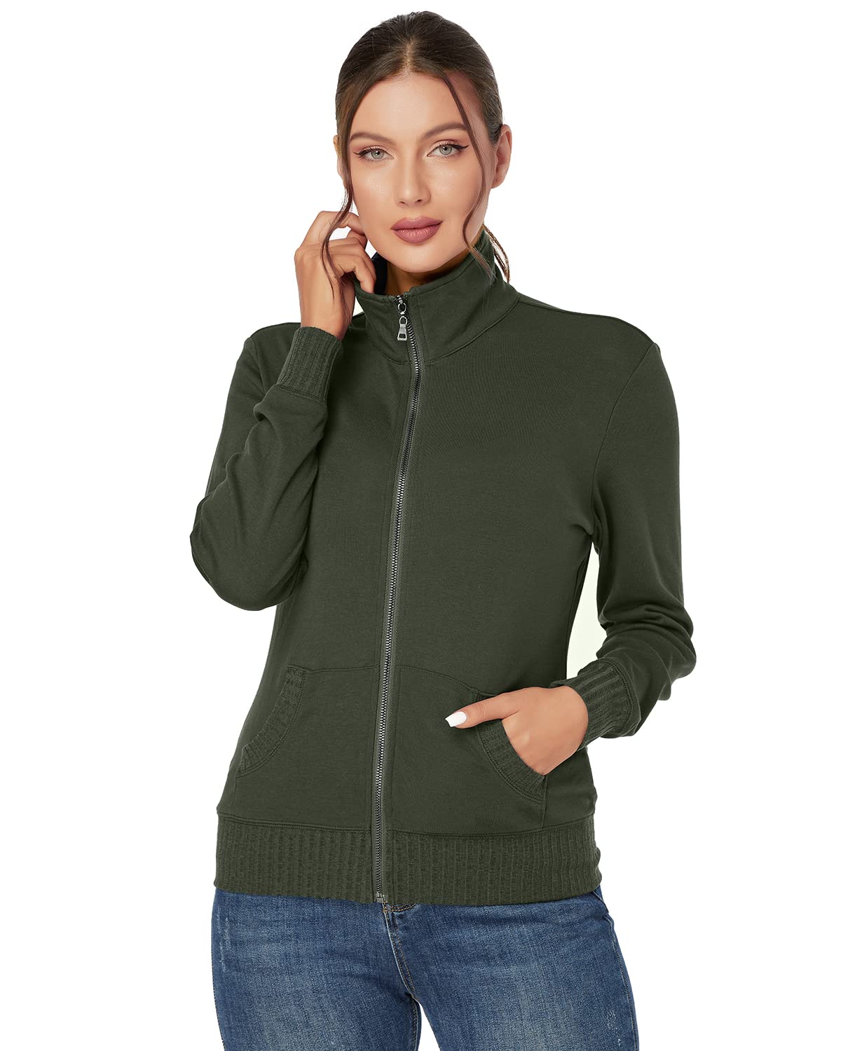 J.Corrine Women's Zip Up Hooded Sweatshirt Jacket - Stand Collar Long Sleeve Athletic Running Track Jacket with Pockets - Navy Blue - Perfect for Gym, Jogging & Casual Wear
