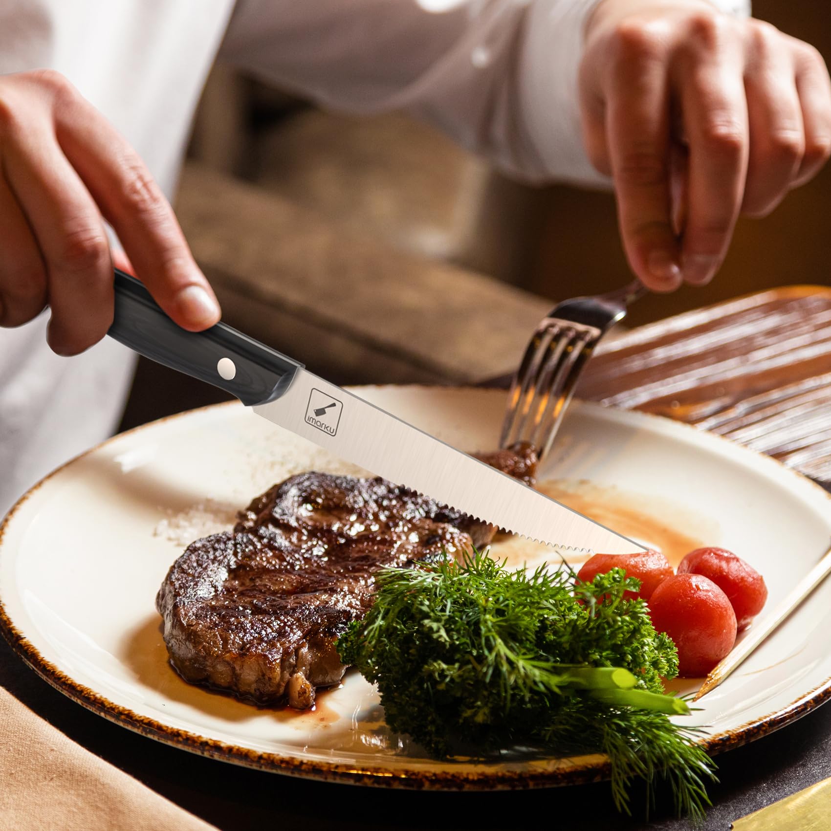 Imarku 8-Piece Steak Knives Set - Serrated Japanese HC Steel Blades with Pakkawood Ergonomic Handles - Premium Steak Knife Set in Gift Box - Perfect for Steak Dinners, BBQ Parties & Housewarming Gifts for Men & Women
