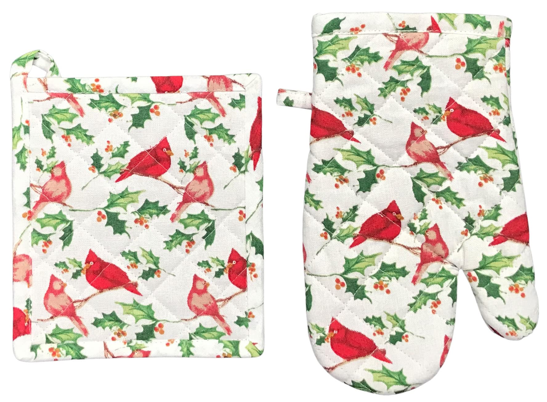 Christmas Winter Holiday Kitchen Towel & Pot Holder Set - Traditional Cardinal Bird & Holly Print Kitchen Gift Set - Perfect for Holiday Cooking, Baking & Festive Home Decor