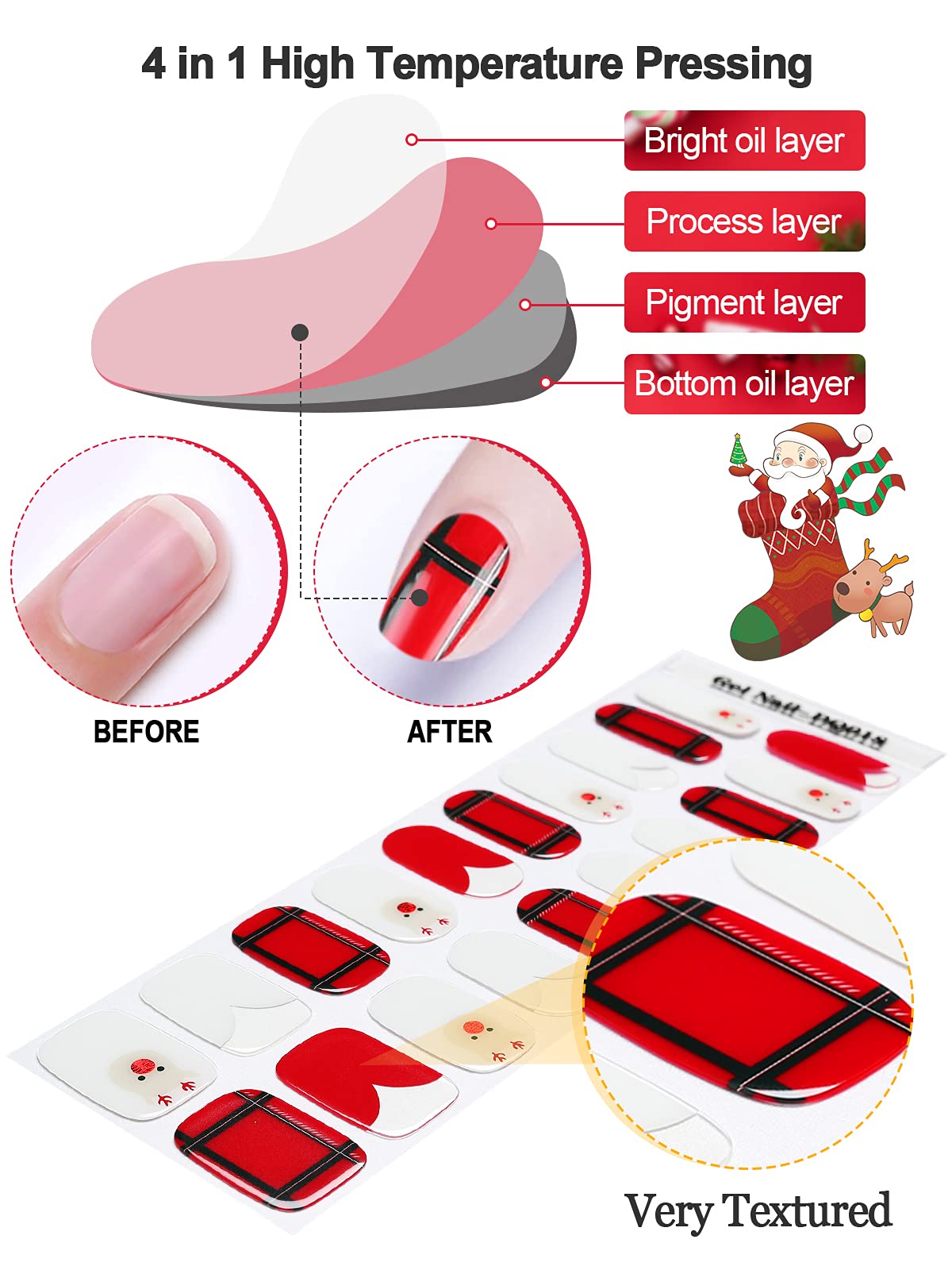 Christmas Gel Nail Polish Strips - 20PCS Holiday Nail Stickers with Elk & Heart Designs, Includes Nail File & Stick (UV/LED Lamp Required) - Perfect for Christmas Parties, Gift Giving & Festive Nail Art