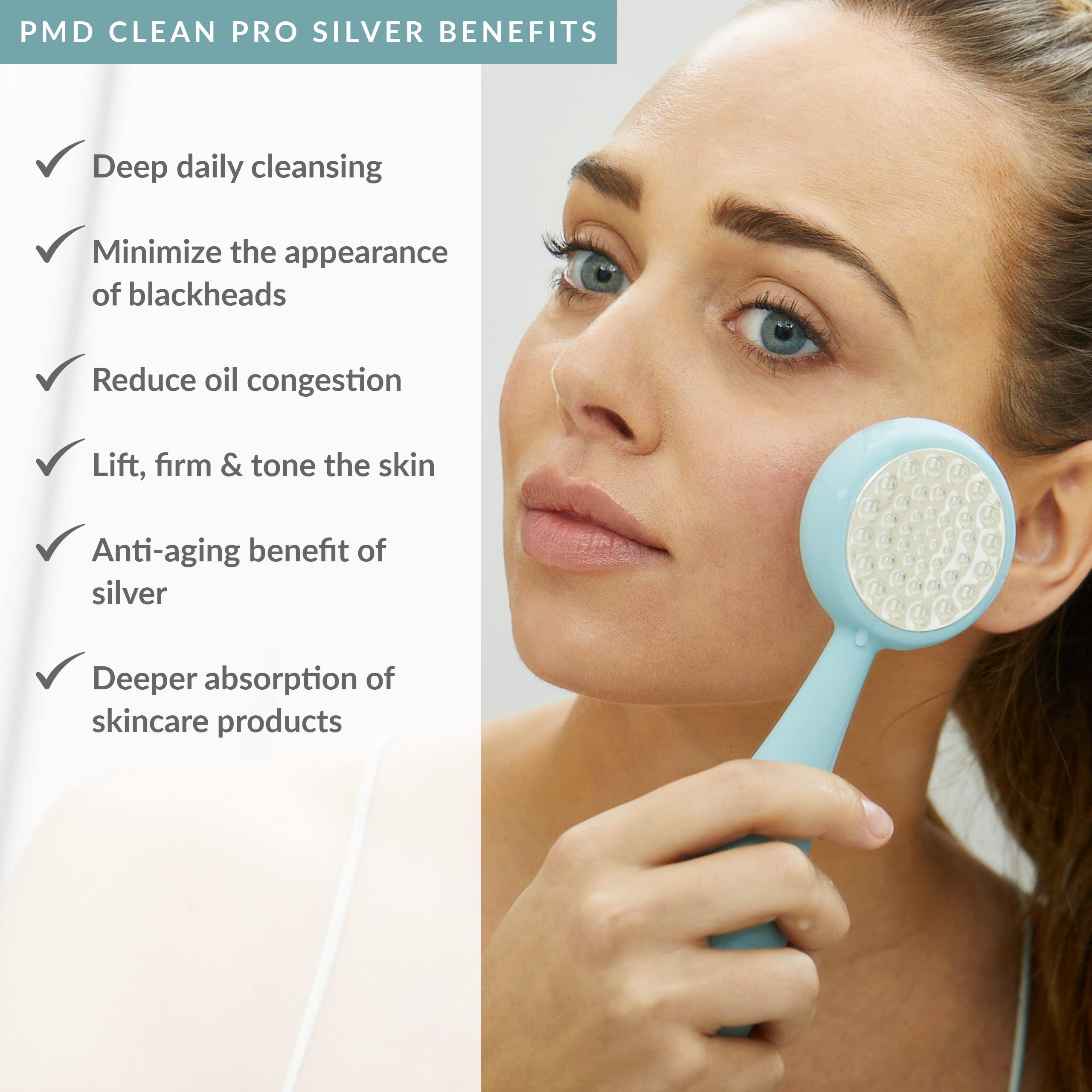 PMD Beauty Clean Pro Silver - Smart Facial Cleansing Device with Silicone Brush & Pure Silver Technology | Anti-Aging Massager for Clear Pores & Blackheads | Waterproof SonicGlow Vibration | Perfect for Daily Skincare & Travel Use