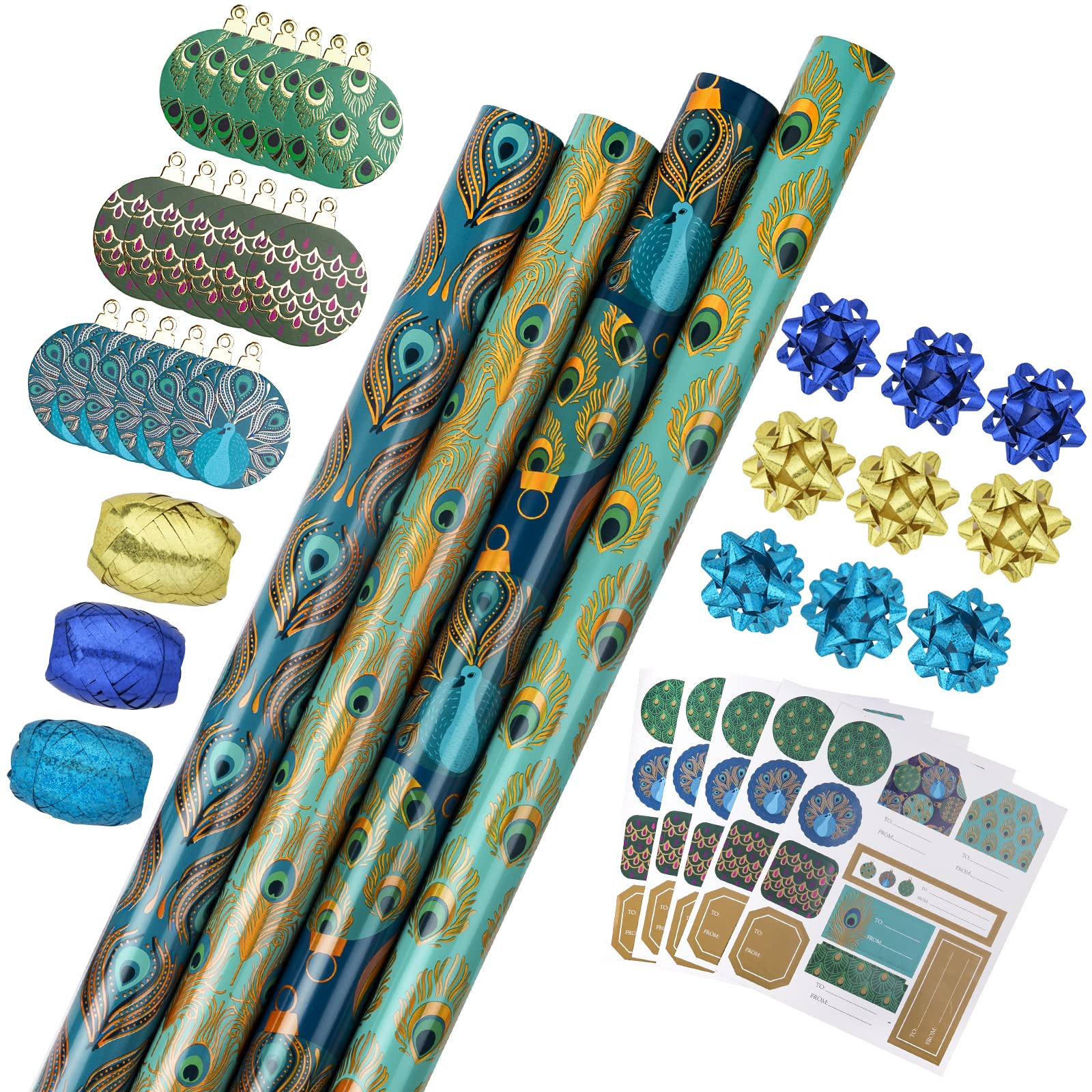 WRAPAHOLIC Premium Peacock Foil Wrapping Paper Set - Elegant Metallic Gift Wrap Bundle with Bows, Ribbons, Tags & Stickers - Perfect for Birthdays, Parties, Baby Showers & Holiday Gifts