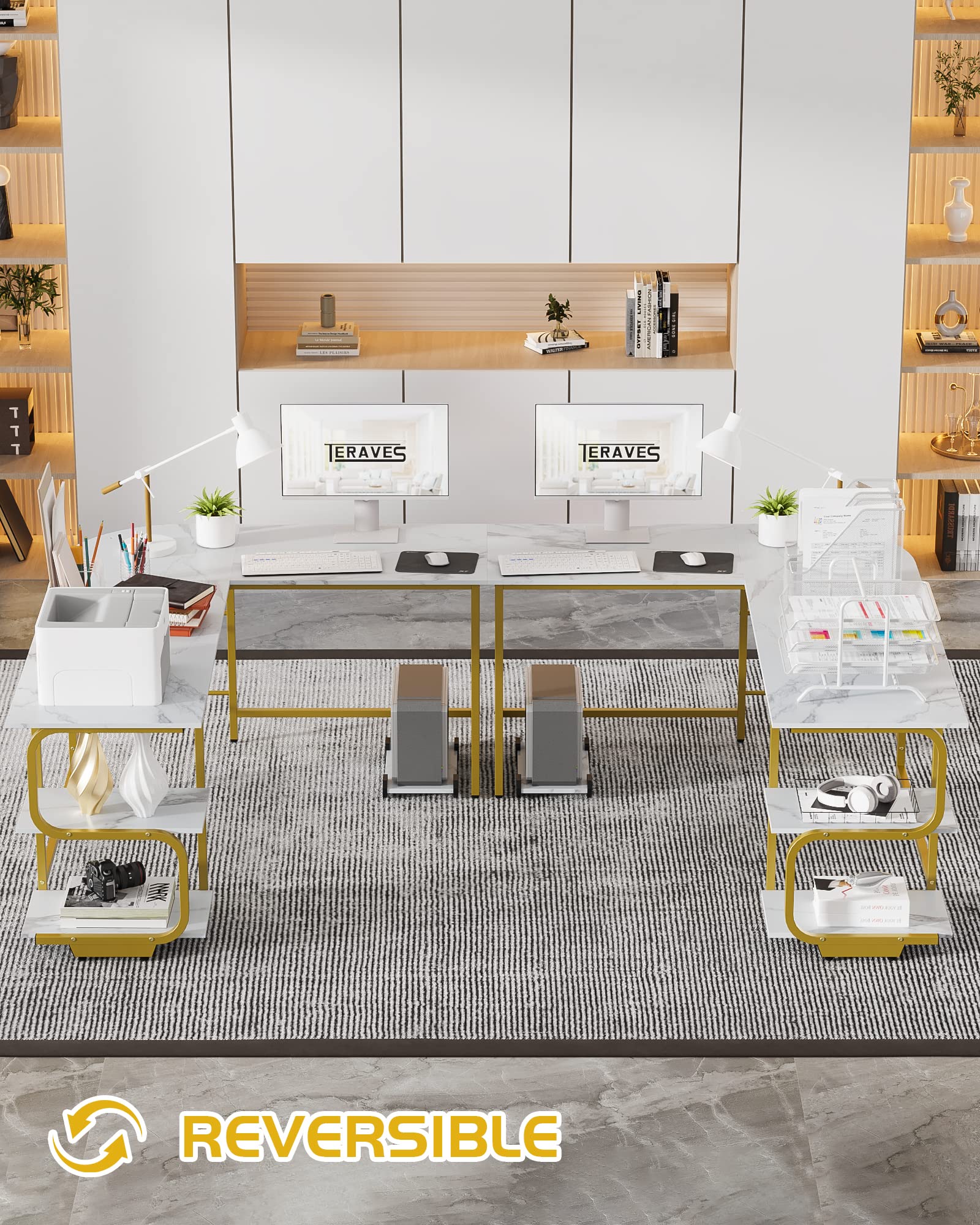 Teraves 69 Inch Reversible L-Shaped Desk with Large Surface & Storage Shelves - Sturdy Corner Computer Desk for Home Office, Gaming & Workstation | Perfect for Small Spaces & Multi-Monitor Setups