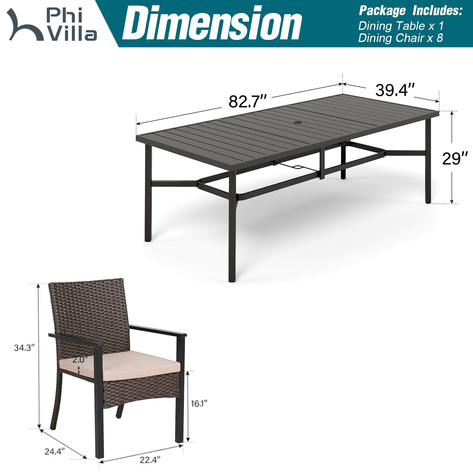 PHI VILLA 9-Piece Outdoor Dining Set for 8 with Wrought Iron Table & Cushioned Wicker Chairs - Rectangle Patio Furniture with Umbrella Hole for Backyard, Deck, Garden, Porch - Perfect for Outdoor Entertaining and Family Gatherings