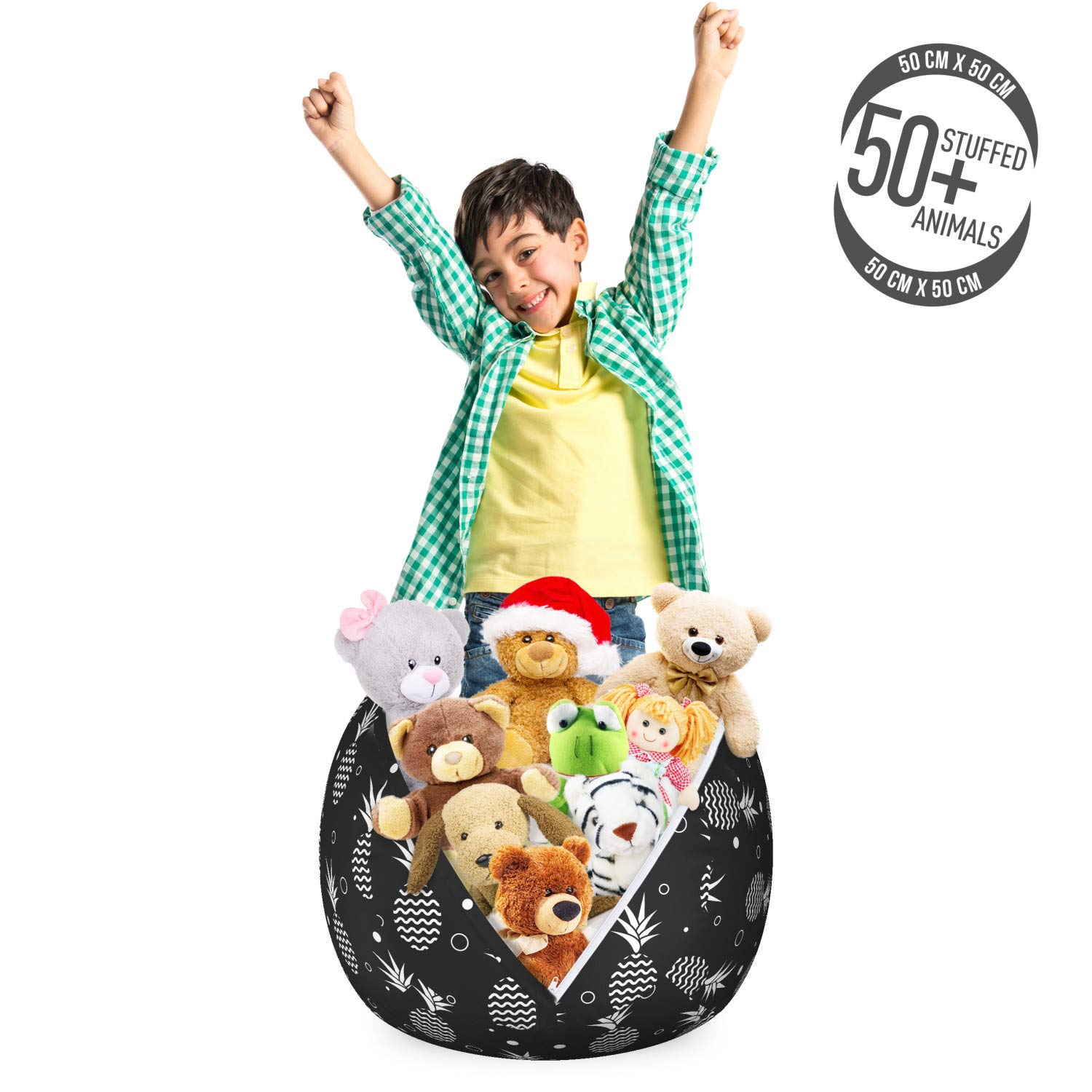 Ambesonne Tropical Storage Toy Bag Chair - Monochrome Pineapples with Abstract Zigzag Design, Greyscale Background, Washable Stuffed Animal Organizer (Small, Black & White) - Perfect for Kids' Room, Nursery, Playroom & Toy Storage Organization