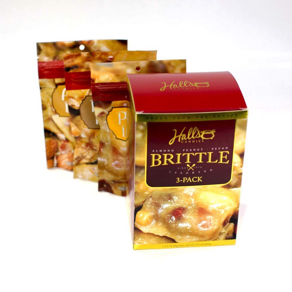 Hall's Assorted Brittle Variety Pack - 3.5 Oz Bags (Pack of 3) | Peanut Brittle, Almond Brittle & Pecan Brittle | Perfect for Gifts, Parties & Snacking