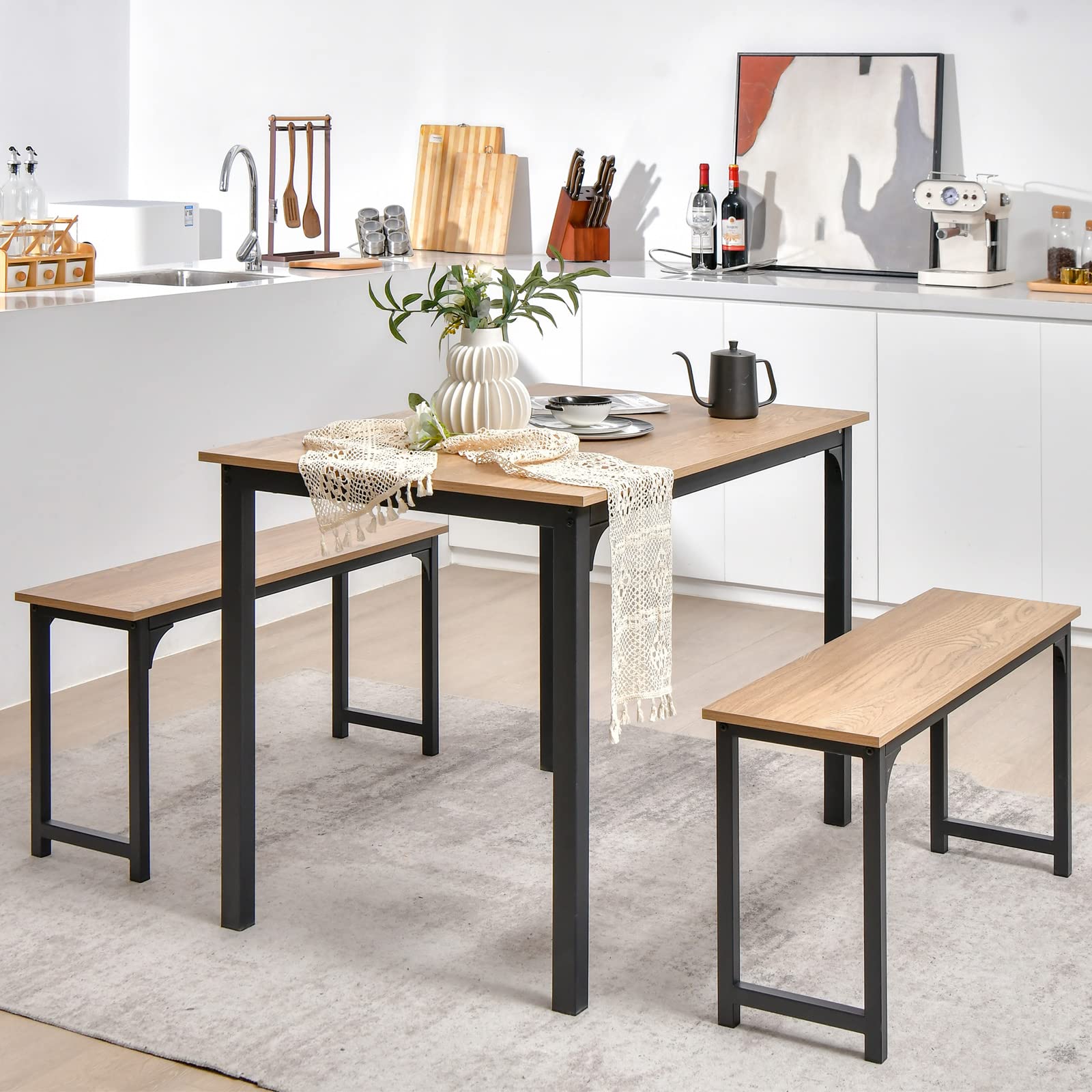 COSTWAY 3-Piece Industrial Counter Height Dining Table Set for 4 with 2 Benches, Rectangular Kitchen Table with Heavy Duty Steel Frame & Anti-Slip Pads - Perfect for Dining Room, Kitchen, Bar or Small Space (Natural Finish)