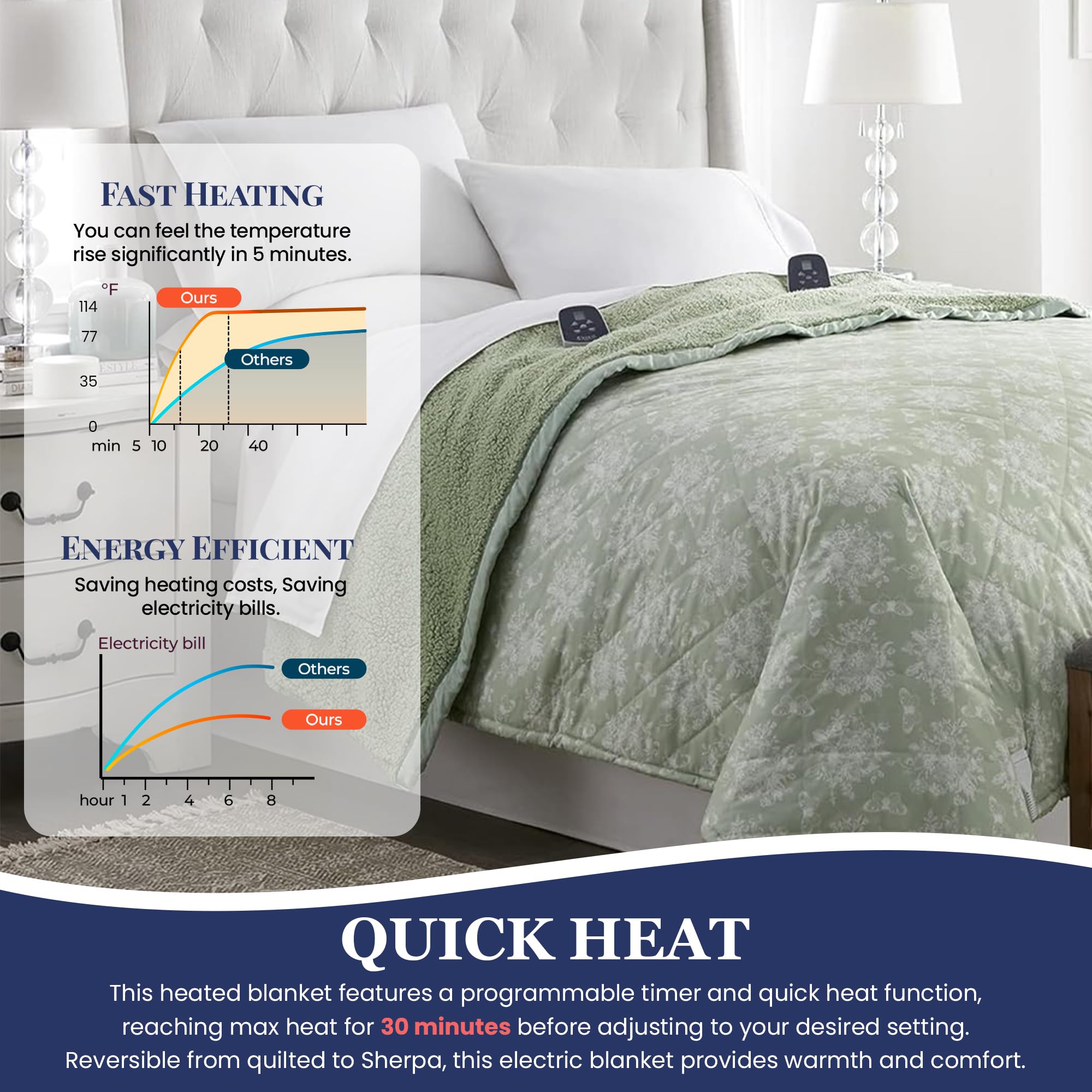 Thermee Micro Flannel Heated Blanket with Sherpa Back - 10 Heat Settings Electric Blanket Queen Size, Programmable Heating Blanket for Bed & Sofa - Ultra-Soft Thermal Throw Blanket in Toile Celery Green - Perfect for Cold Nights & Cozy Relaxation