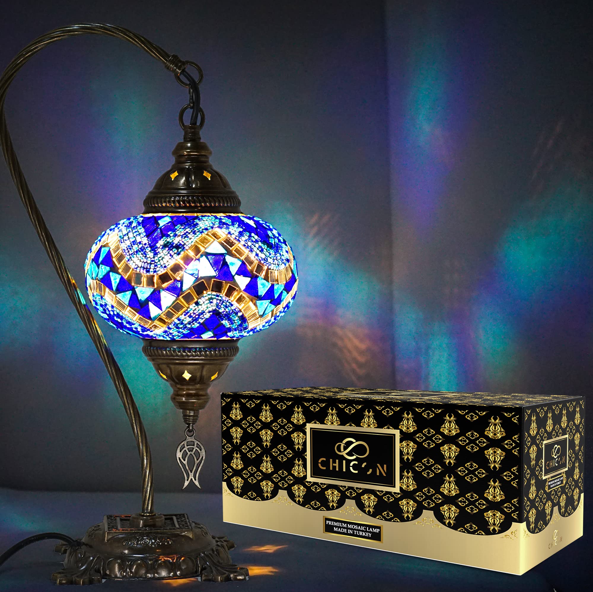 CHICON Handmade Mosaic Turkish Lamp - Genuine Glass Tiffany Style Boho Table Lamp, Vintage Moroccan Decor in Swan Wave Blue | Perfect for Bedroom, Living Room & Meditation Spaces