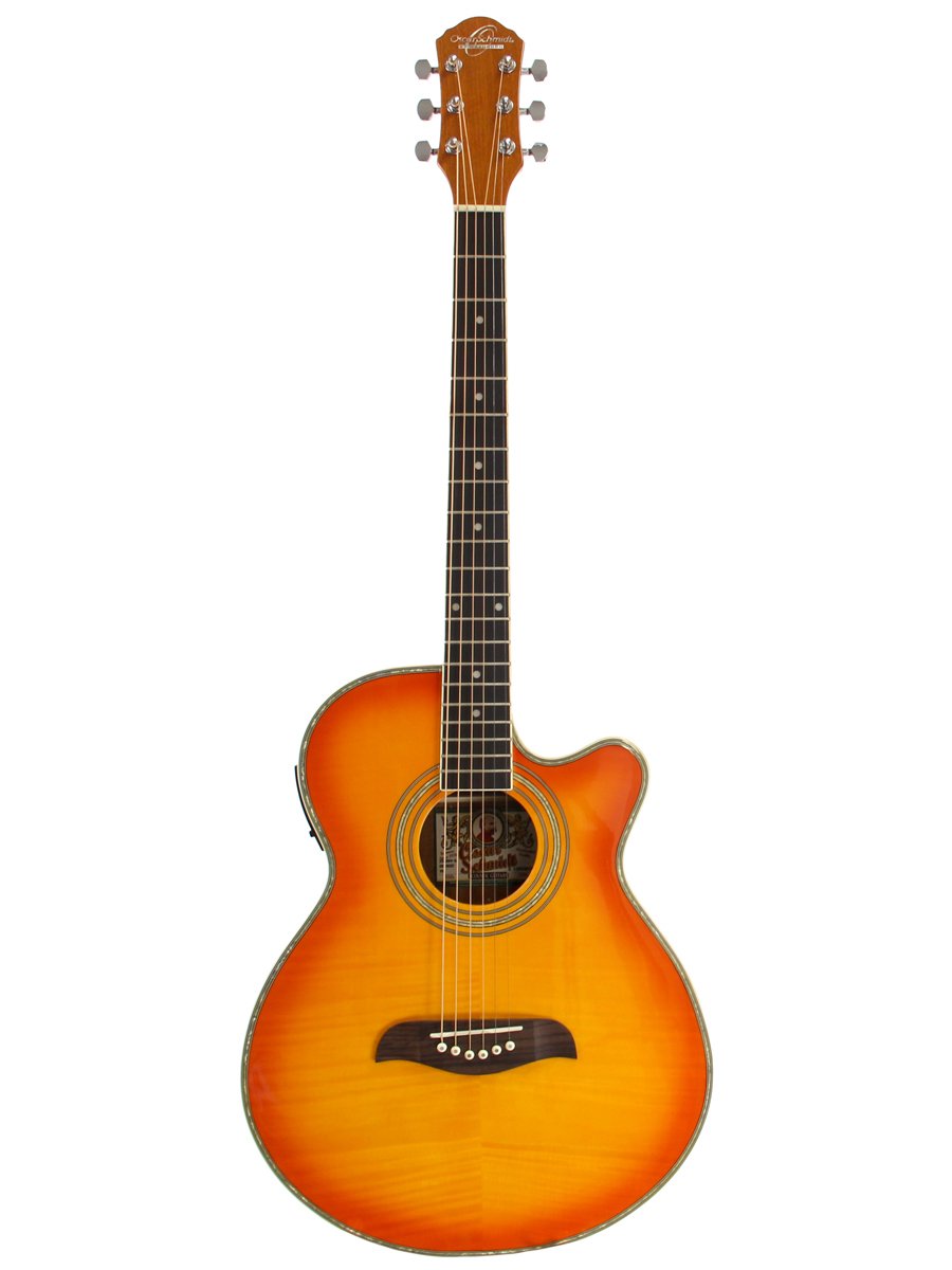 Oscar Schmidt by Washburn OG10CE Concert-Size Cutaway Acoustic-Electric Guitar with Gig Bag, Stand & Strings - Flame Yellow Sunburst | Perfect for Performances, Recording & Traveling Musicians