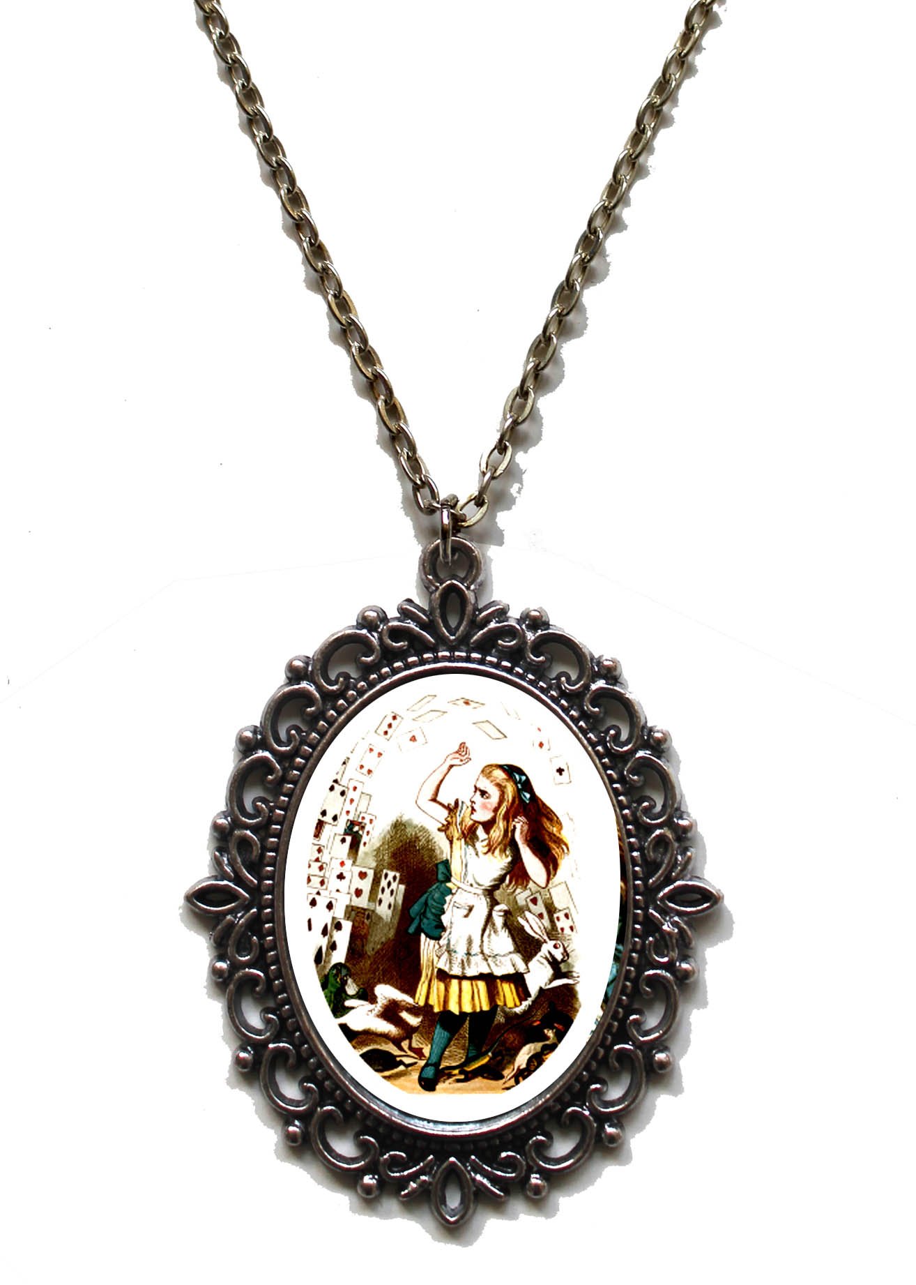 Victorian Steampunk Alice in Wonderland Pendant Necklace - Antique Brass Chain Jewelry for Cosplay, Gothic Fashion & Gift Giving