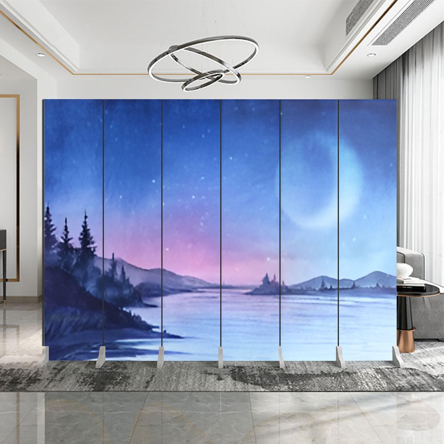 6-Panel Folding Room Divider with Evening Landscape Forest Lake Design - Freestanding Privacy Screen for Home Office, Bedroom Partition & Indoor Space Separator - Perfect for Creating Private Workspaces, Nursery Dividers, and Studio Protection