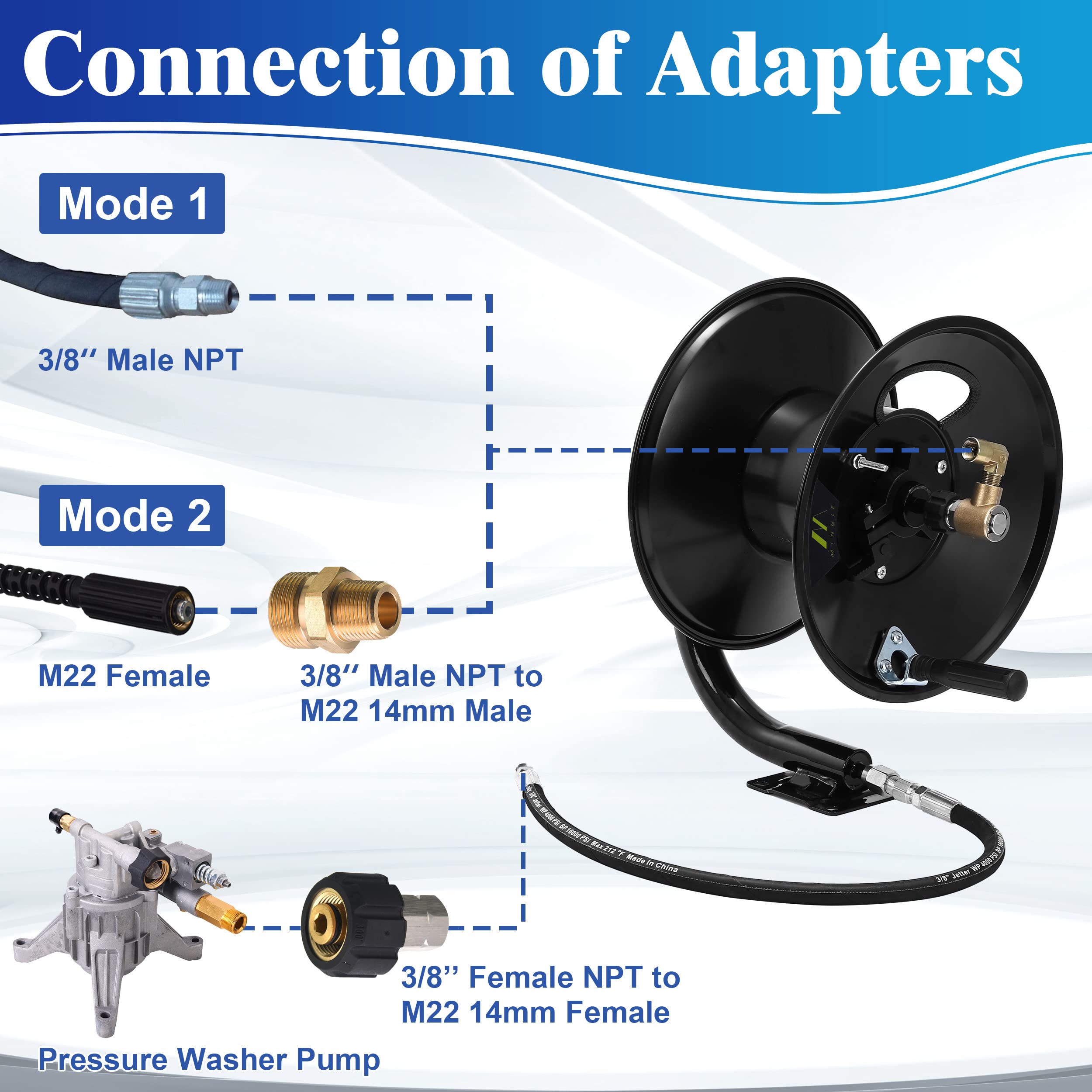 **M MINGLE 100ft Heavy Duty Steel Pressure Washer Hose Reel with Manual Crank & Swivel Arm - 3/8