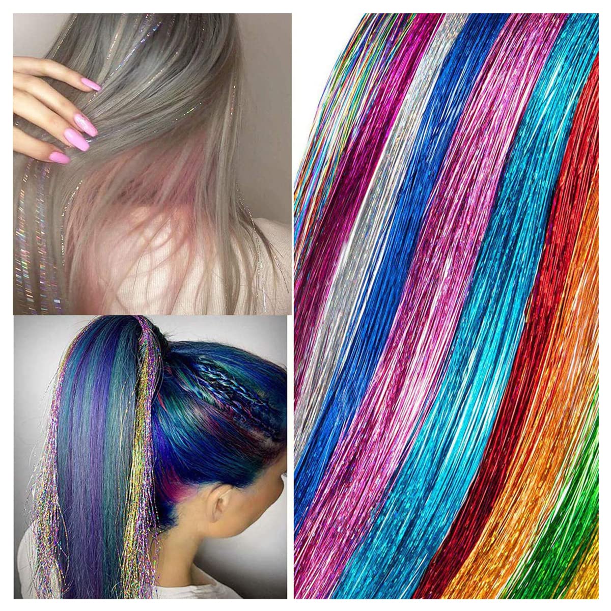 12 Colors Hair Tinsel Kit with Tool - 3000 Strands Shiny Fairy Hair Extensions for Glitter Party Highlights, Multi-Colors Hair Tinsel (45