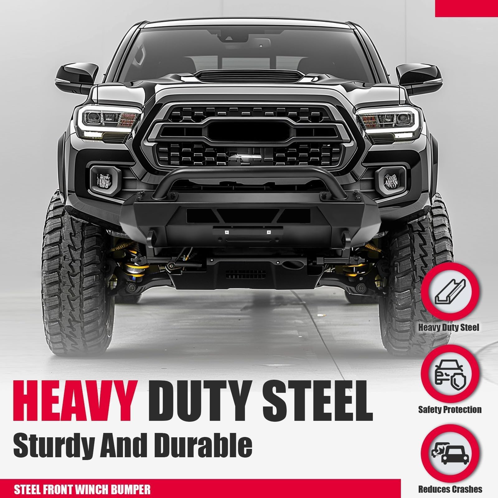 Kojem Steel Winch Bumper with Push Bar & Grill Guard - Compatible with 2016-2023 Toyota Tacoma | Heavy Duty Black Front Bumper Protector | Perfect for Off-Roading, Hunting & Truck Protection