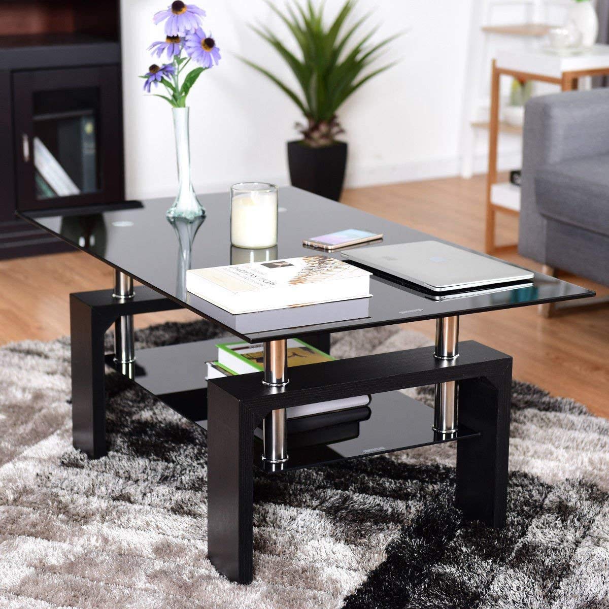 Modern Black Glass Coffee Table with Metal Frame & 2 Storage Shelves - Rectangle Cocktail Table for Living Room, Lounge & Office - Durable Center Table for Home Decor & Entertaining