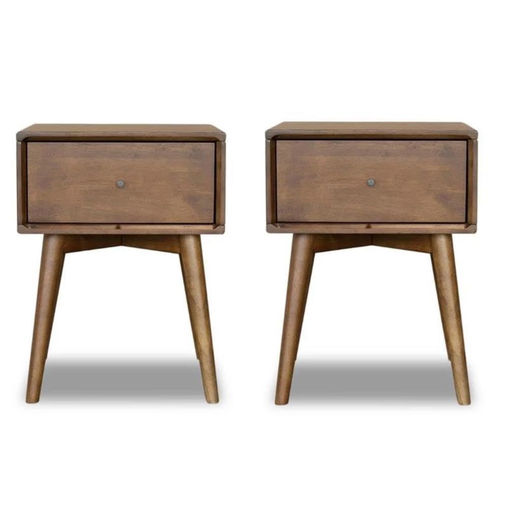 Home Square 2-Piece Bedroom Set with Two Brown Walnut Wood Nightstands - Modern Bedside Tables for Small Spaces & Guest Rooms