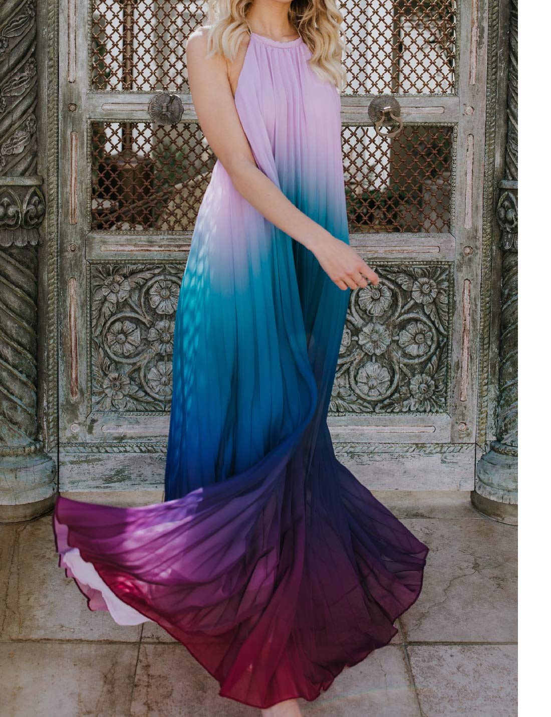 Women's Beach Cover Up Dresses - Flowy Halter Maxi Dress with Gradient Backless Design for Summer Vacation, Pool Party, and Tropical Getaway