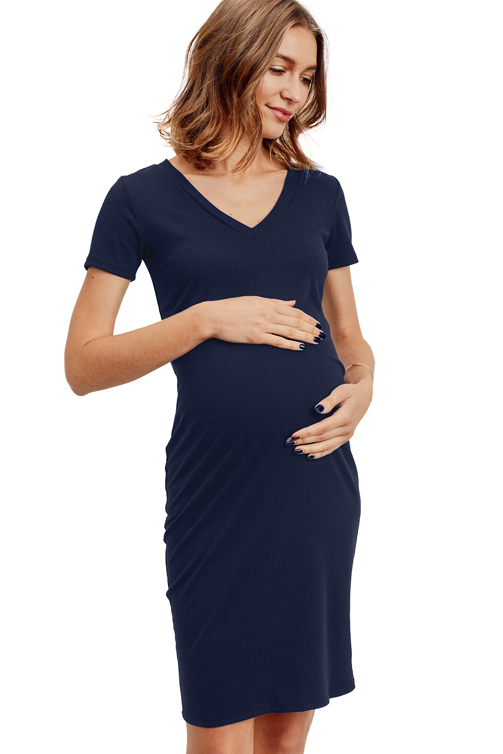 LaClef Women's Maternity Short Sleeve Ribbed T-Shirt Dress - Comfortable Stretchy Pregnancy Clothes for Everyday Wear, Nursing & Maternity Photos
