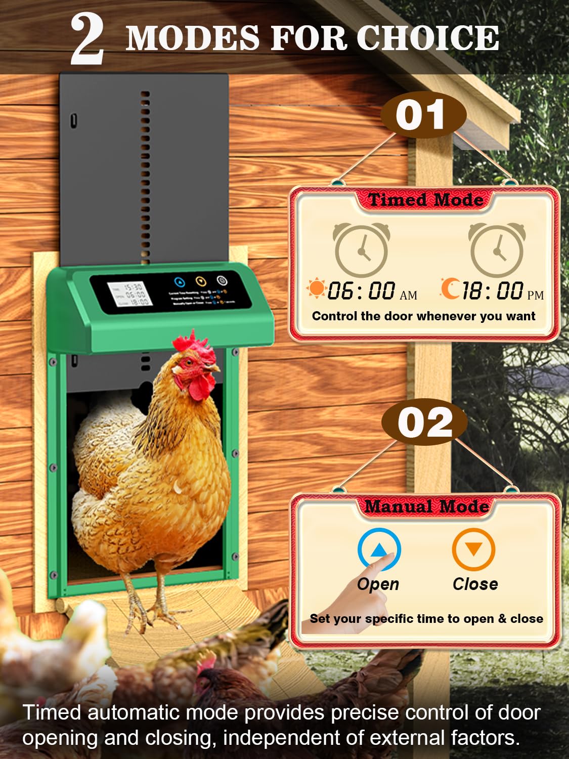 Automatic Chicken Coop Door with Timer & LCD Display - Aluminum Poultry Door with Anti-Pinch Safety Feature (Green) | Perfect for Backyard Chicken Coops, Poultry Farms & DIY Chicken Runs
