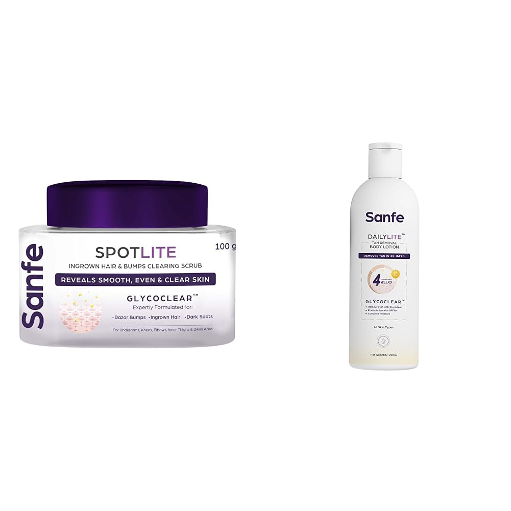 Sanfe Spotlite Ingrown Hair & Bumps Clearing Body Scrub with DailyLite Tan Removal Body Lotion - Exfoliating Treatment for Smooth Skin, Dark Spot Corrector for Face & Body - Perfect for Post-Shaving, Waxing & Daily Skincare Routine