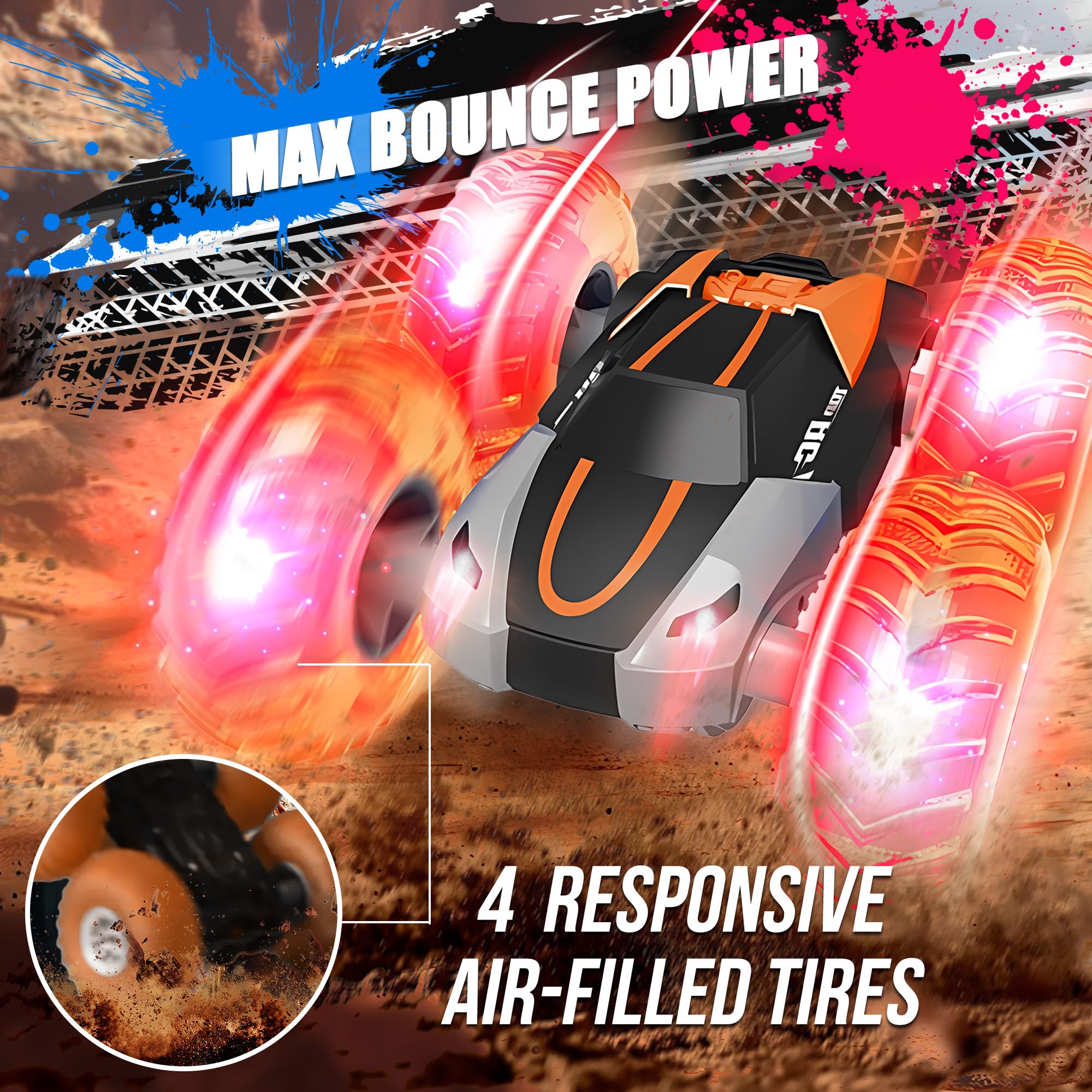 2.4GHz Remote Control Stunt Car - All Terrain Off-Road RC Truck with Inflatable Wheels & 60 Min Playtime | Rechargeable Glow Up Toy for Boys Age 4-12 | Birthday, Easter Gift | Perfect for Outdoor Play, Backyard Racing & Kids Parties