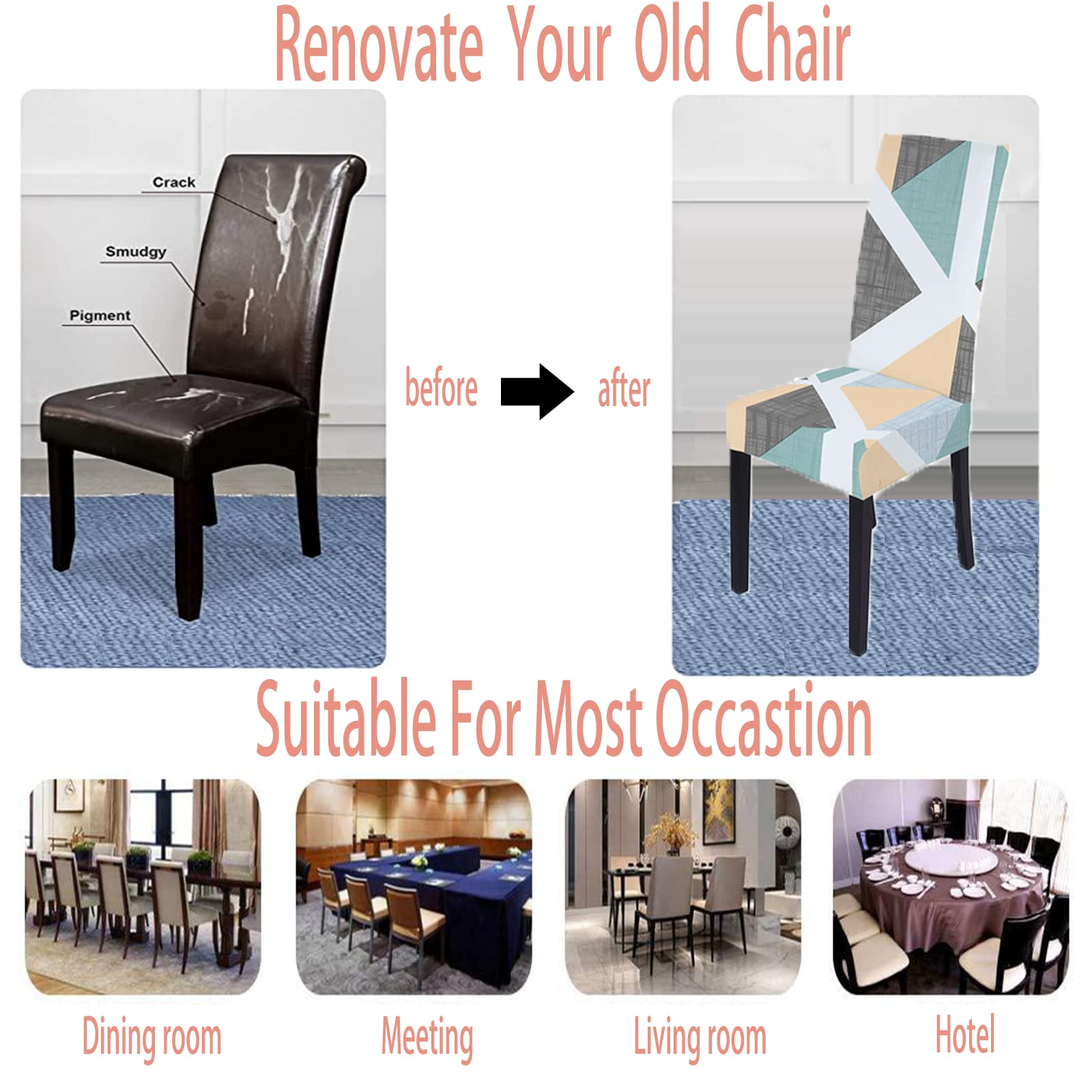 Stretchable Printed Dining Chair Covers - Universal Size Washable Slipcovers for Kitchen, Hotel, Restaurant & Ceremony (Geometric Pattern 12 6) - Perfect for Home Decor, Wedding Events & Commercial Use