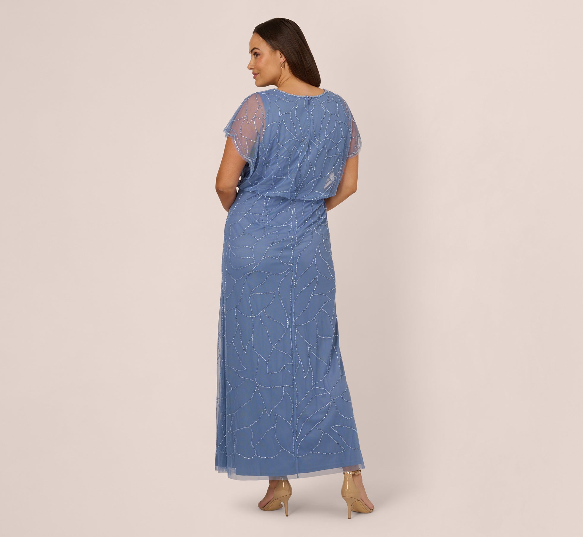 French Blue Plus Size Beaded Blouson Mermaid Evening Gown with Sheer Dolman Sleeves - Elegant Formal Dress for Prom, Wedding & Special Occasions