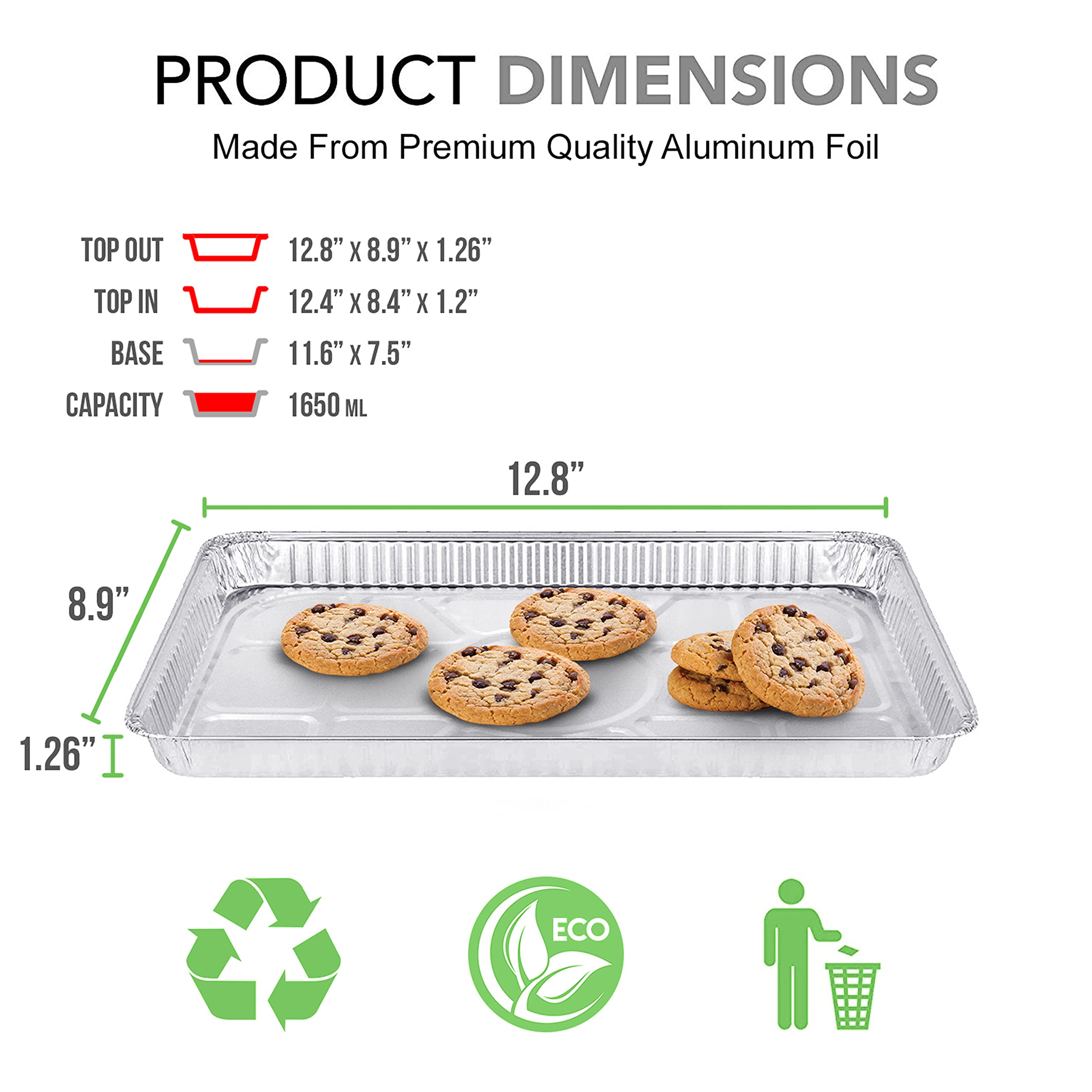 (200 Pack) 1/4 Size Cookie Sheet Baking Pans - 12.8” x 8.9” Heavy Duty Nonstick Aluminum Foil Trays - Reusable & Disposable for Baking Cakes, Cookies, Brownies, Bread - Perfect for Home, Bakery & Catering Use
