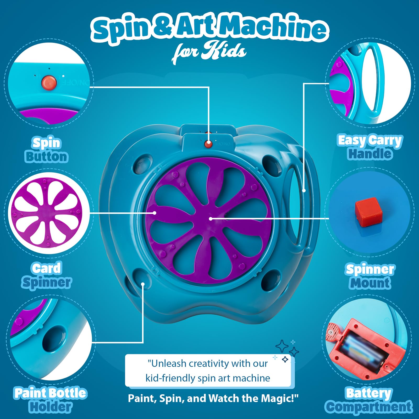 Variable Speed Spin Art Machine for Kids - Battery Operated Paint Spinner with Splatter Guard, Washable Paint & Art Cards | STEM Toys, Arts & Crafts Kit for Boys & Girls | Perfect for Birthday Parties, Classroom Activities & Creative Play