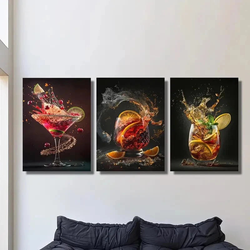 3-Piece Vibrant Beverage Artwork Metal Print - Ready to Hang Wall Decor for Kitchen, Bar, or Dining Room - Perfect for Home & Office