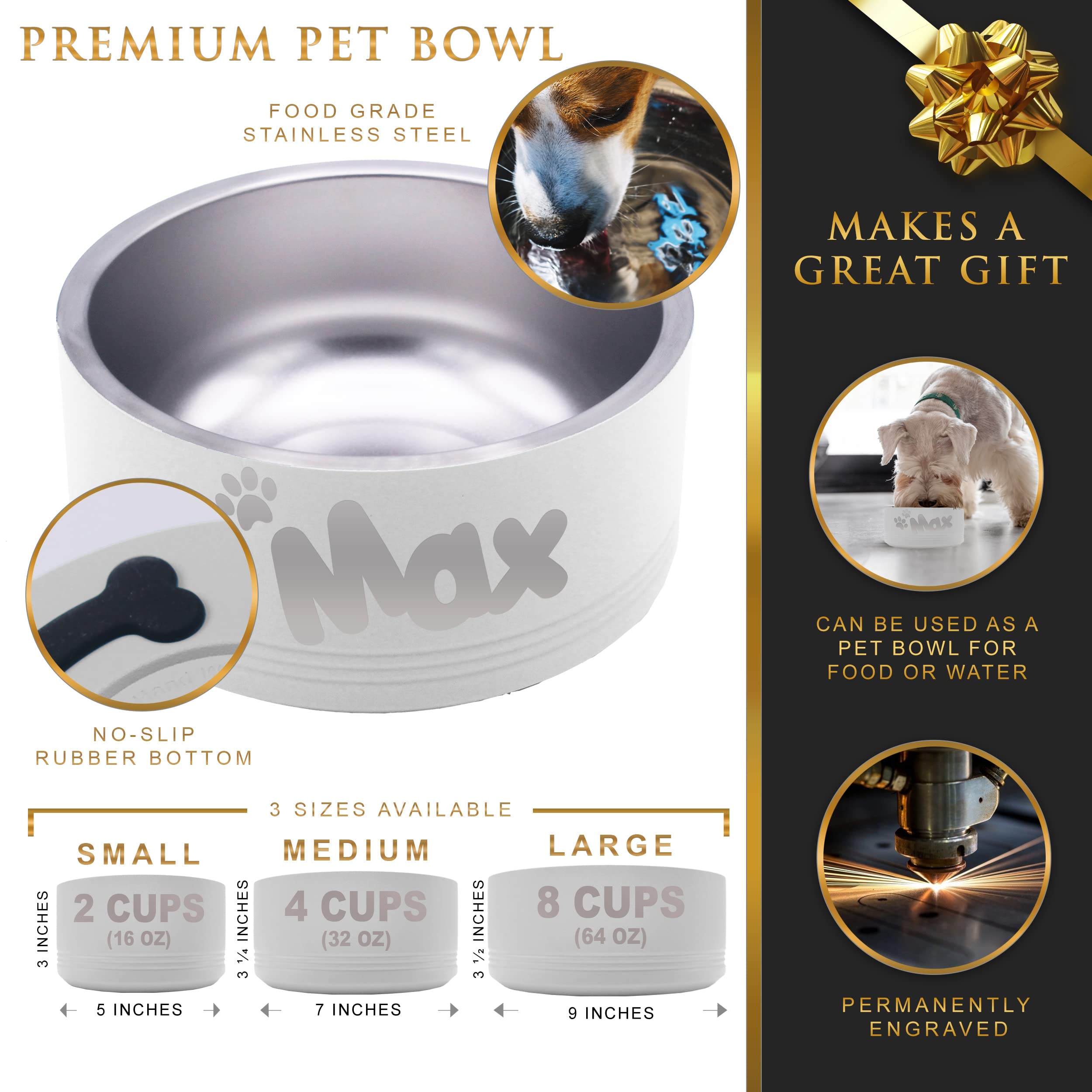 Custom Personalized Stainless Steel Dog or Cat Bowl - Engraved Pet Food & Water Dish with Non-Slip Bottom (Small 18oz, White) | Perfect for Home, Travel & Gifts
